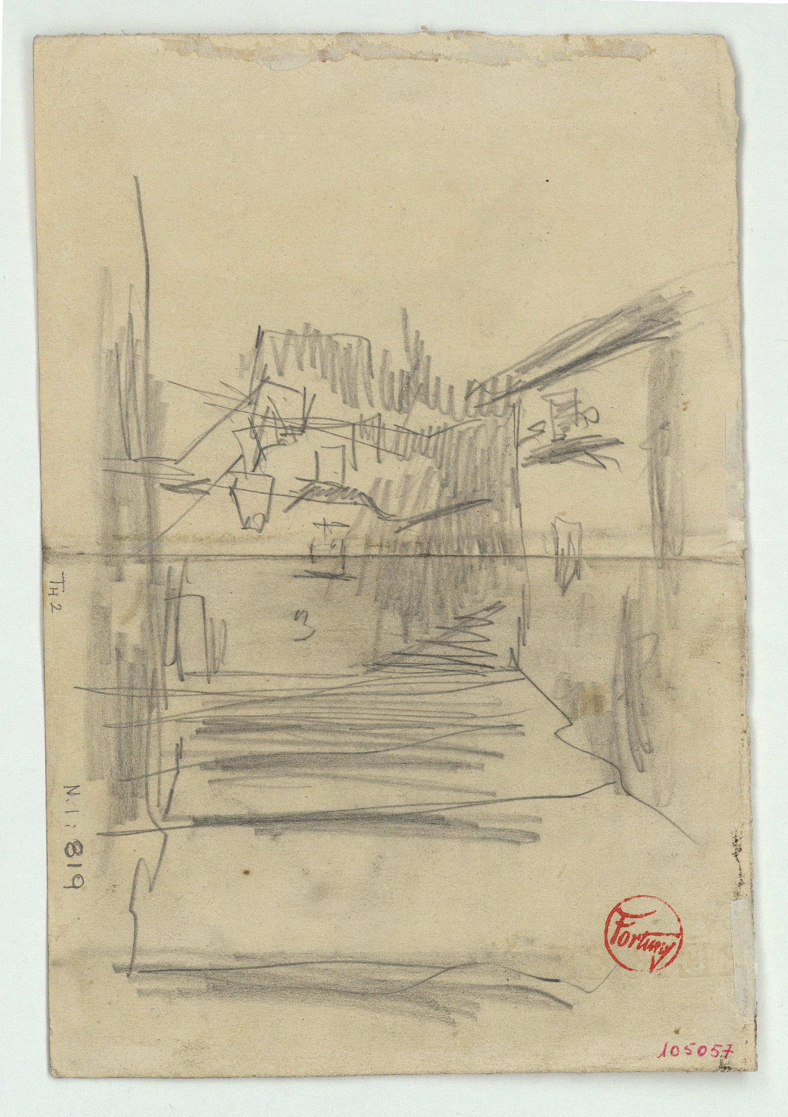 image for: Marià Fortuny - Esbós d'un carrer (anvers) / Representació teatral i home disfressat (revers) - Cap a 1867-1872