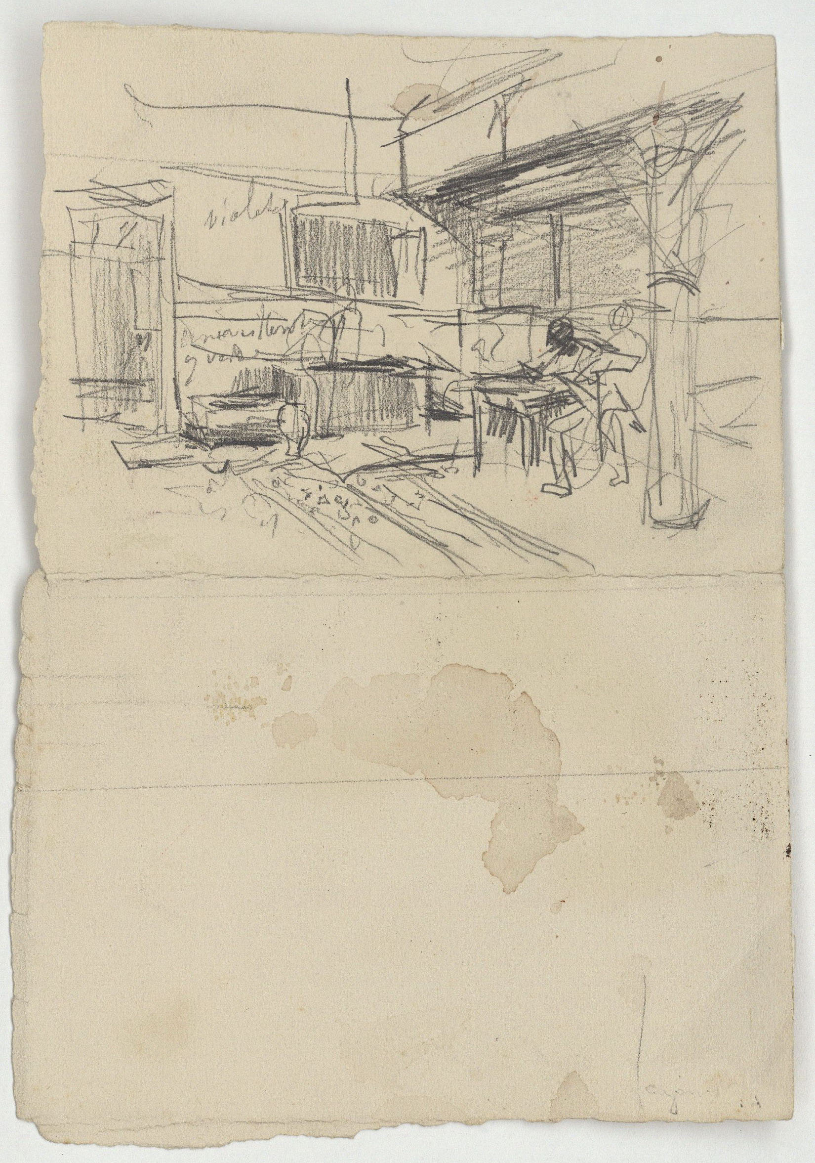 image for: Marià Fortuny - Esbós d'estructura arquitectònica amb figura (anvers) / Escribans (revers) - Cap a 1865-1868 [1]