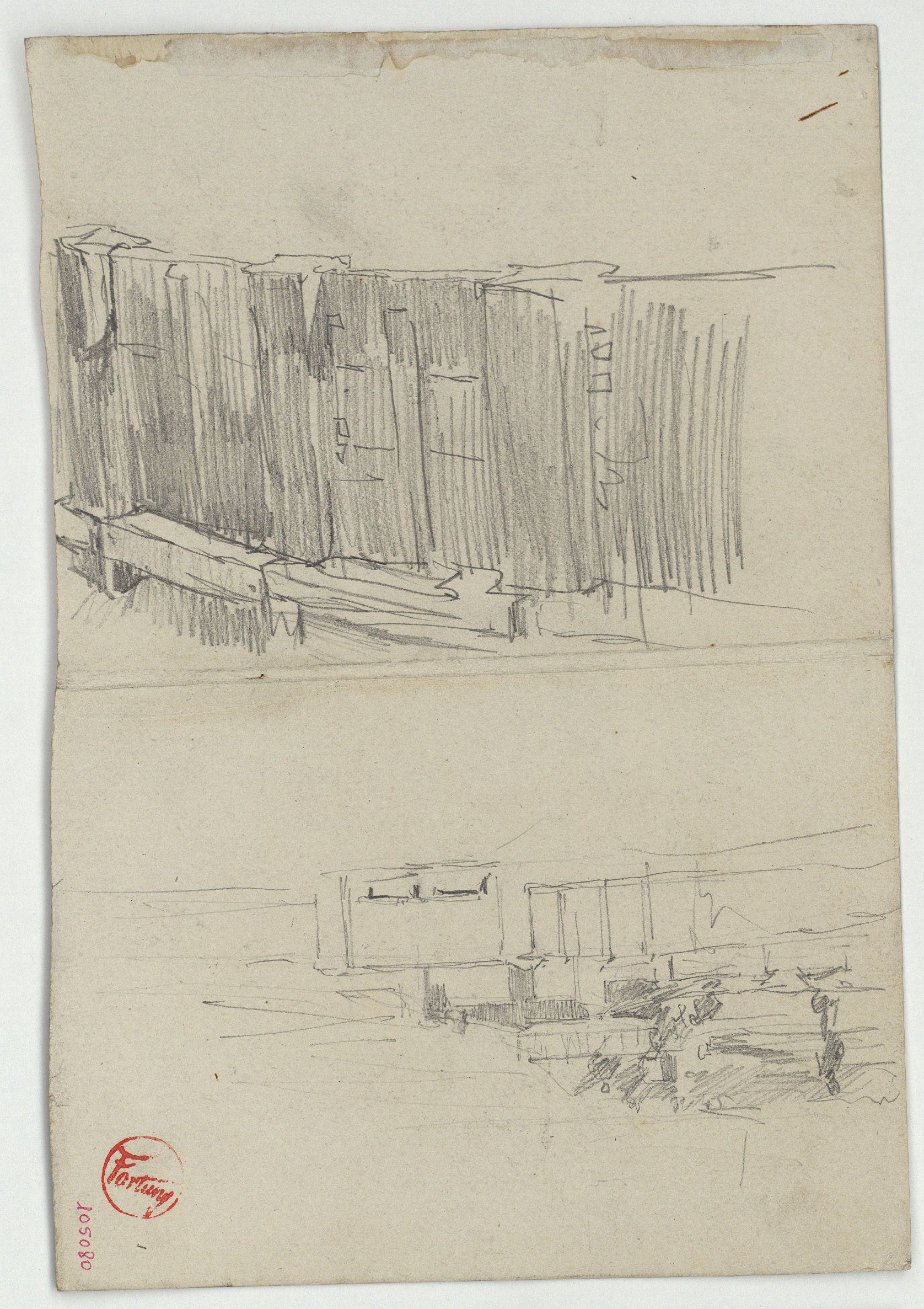 image for: Marià Fortuny - Paisatge urbà i croquis inconcret (anvers) / Cap de dona adormida (revers) - Cap a 1871