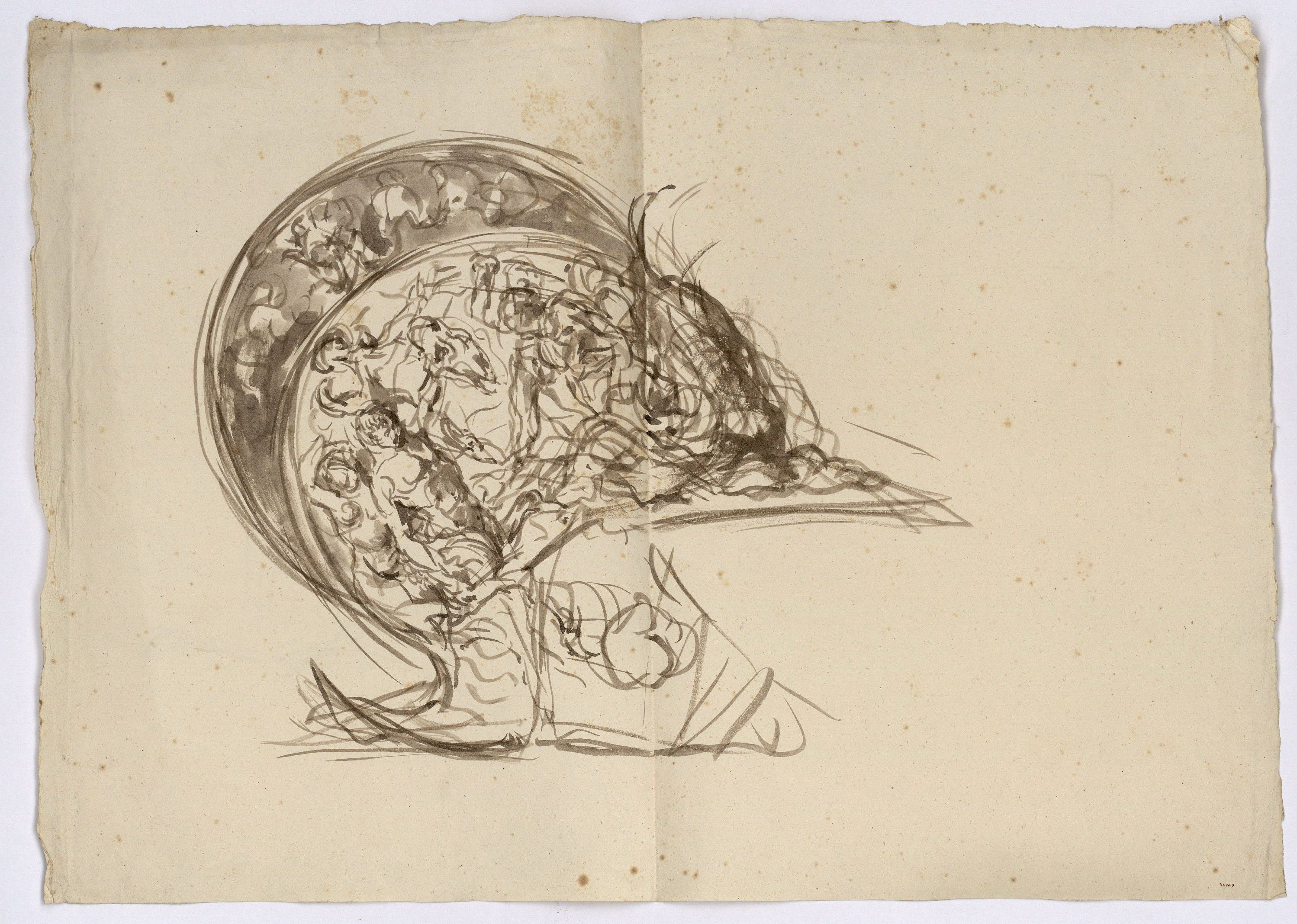 image for: Marià Fortuny - Apunt d'un casc d'estil renaixentista (anvers) / Croquis inconcret (revers) - Cap a 1863-1866