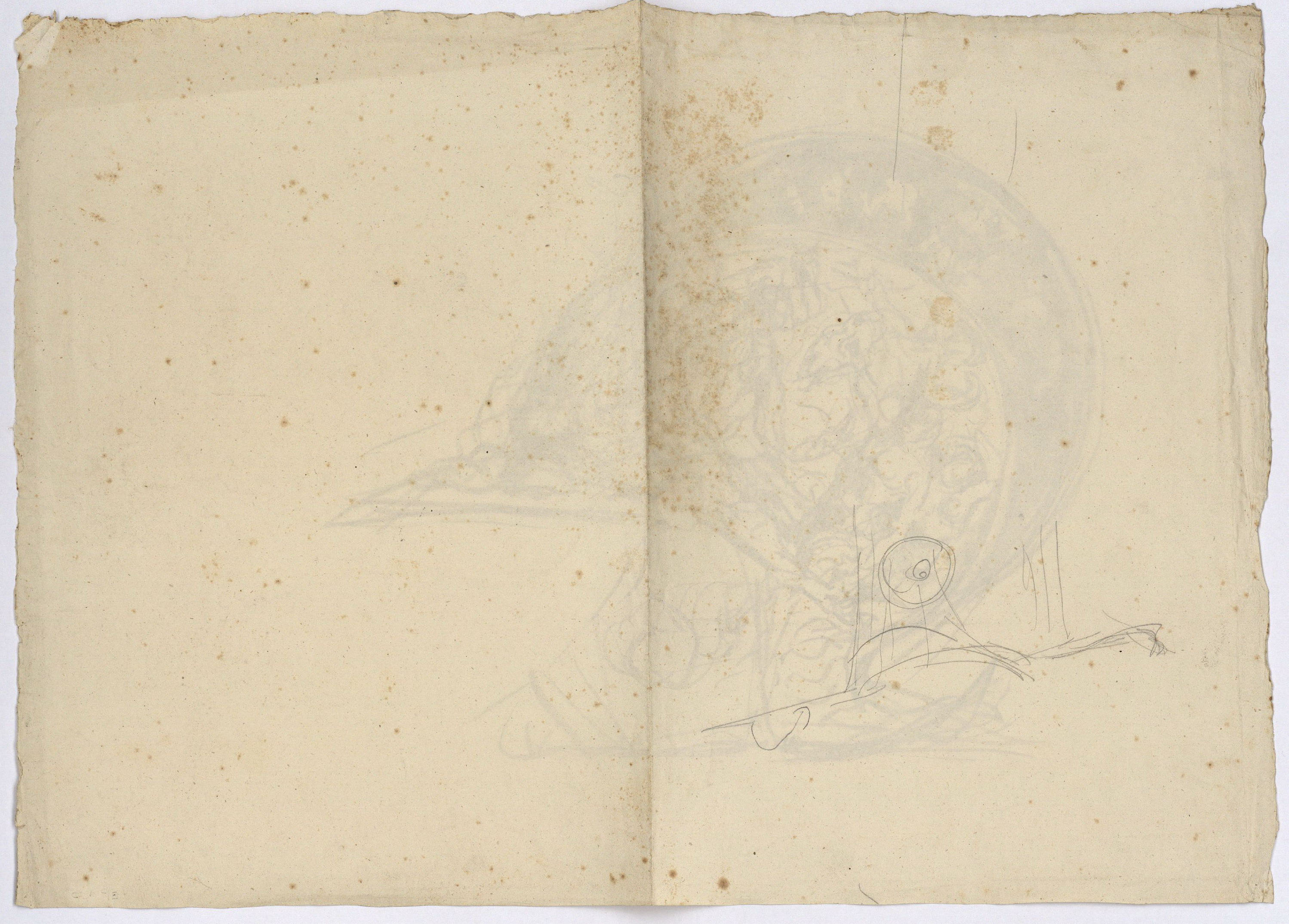 image for: Marià Fortuny - Apunt d'un casc d'estil renaixentista (anvers) / Croquis inconcret (revers) - Cap a 1863-1866 [1]