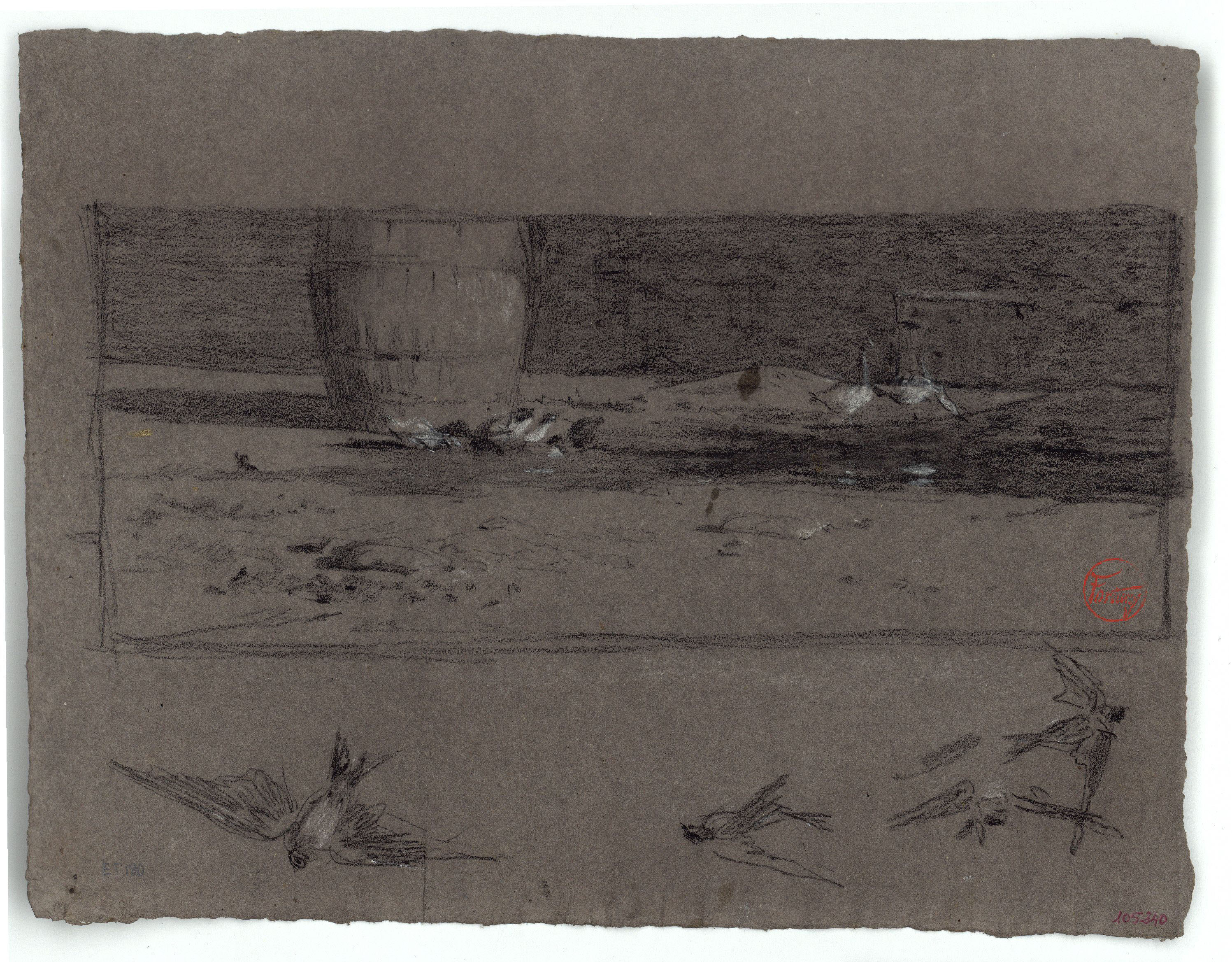 image for: Marià Fortuny - Ocells i ànecs en un corral i estudi d'orenetes (anvers) / Homes amb casaques (revers) - Cap a 1870-1872