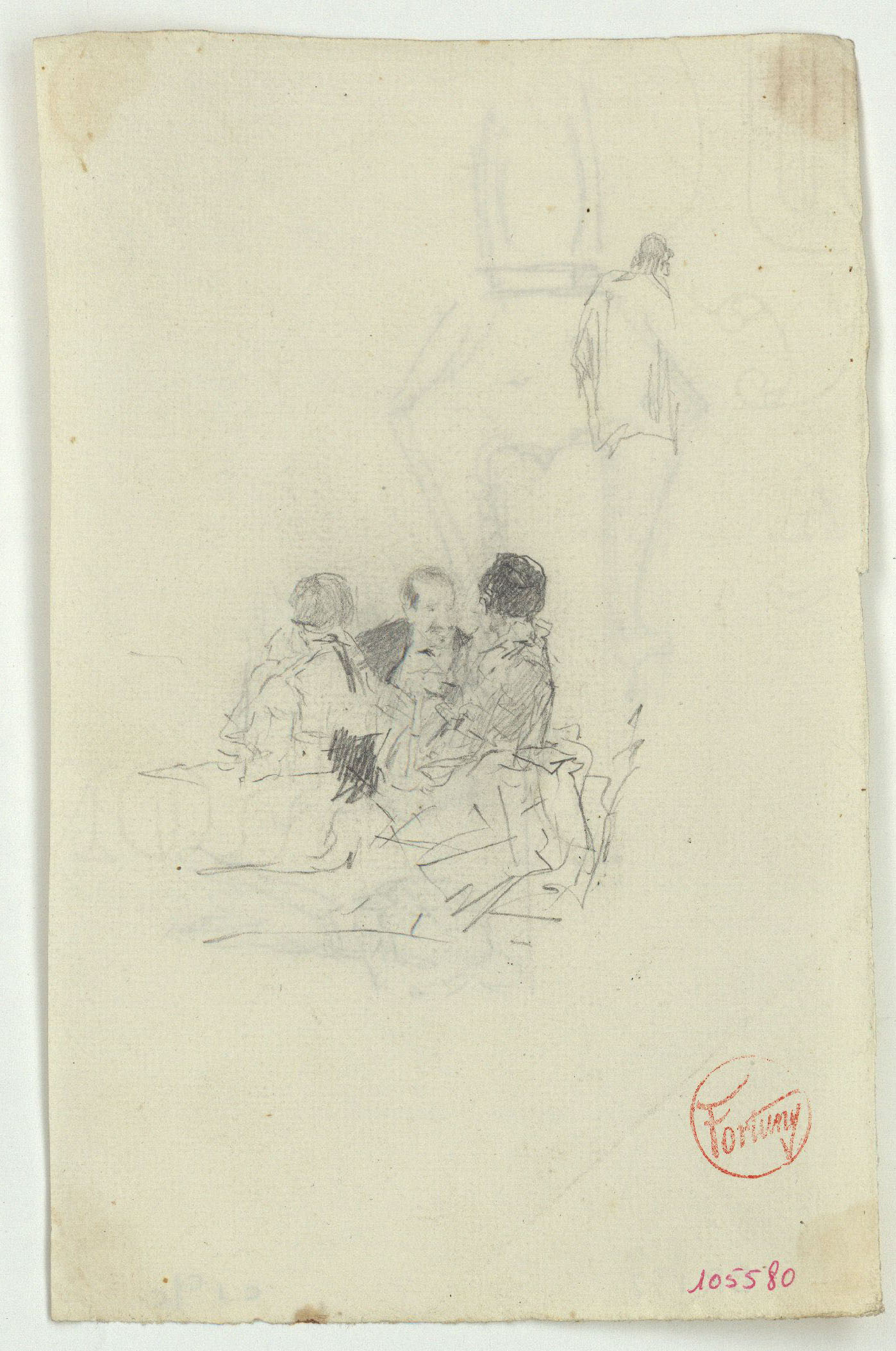 image for: Marià Fortuny - Figures assegudes (anvers) / Part superior d'una espasa i croquis de figures (revers) - Cap a 1867-1872