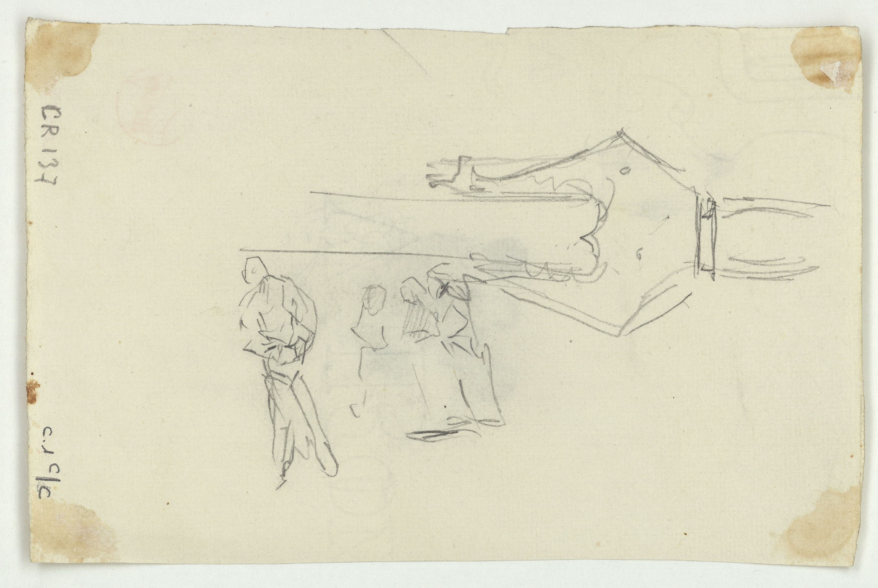 image for: Marià Fortuny - Figures assegudes (anvers) / Part superior d'una espasa i croquis de figures (revers) - Cap a 1867-1872 [1]