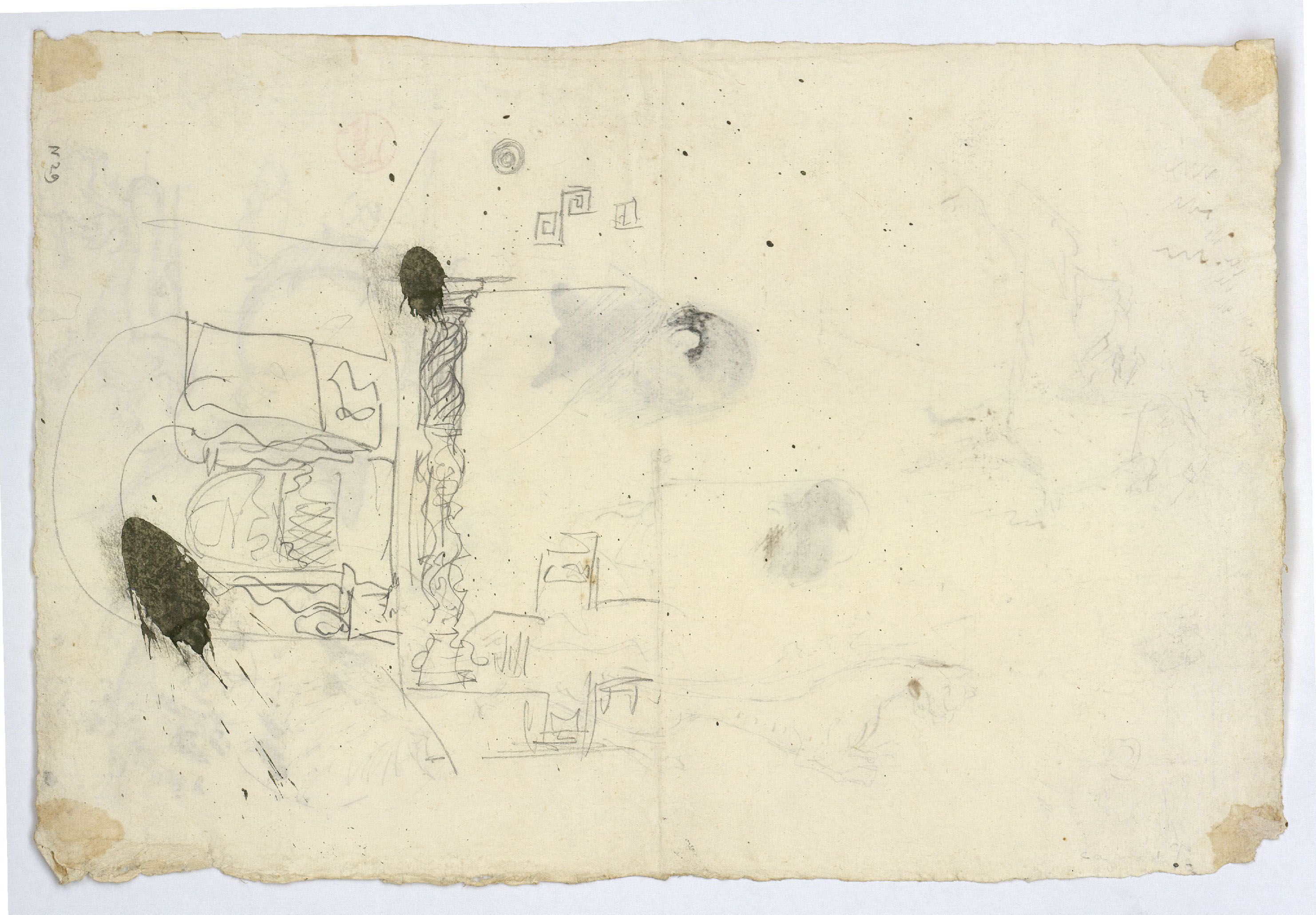 image for: Marià Fortuny - Animals heràldics i caps d'home (anvers) / Croquis d'estructura arquitectònica i columna salomònica (revers) - Cap a 1870-1872 [1]