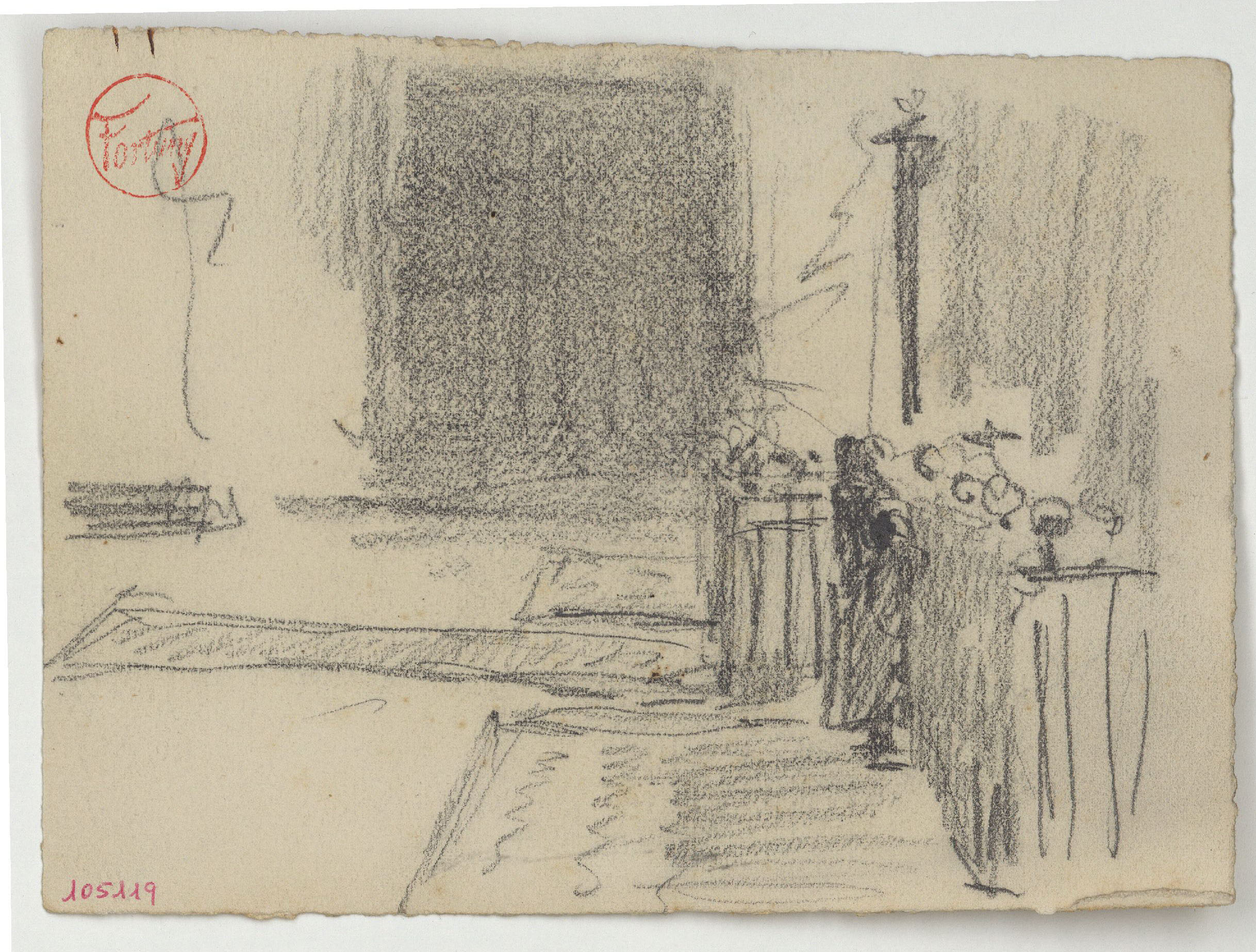 image for: Marià Fortuny - Interior d'església (anvers) / Croquis inconcrets (revers) - Cap a 1867-1872