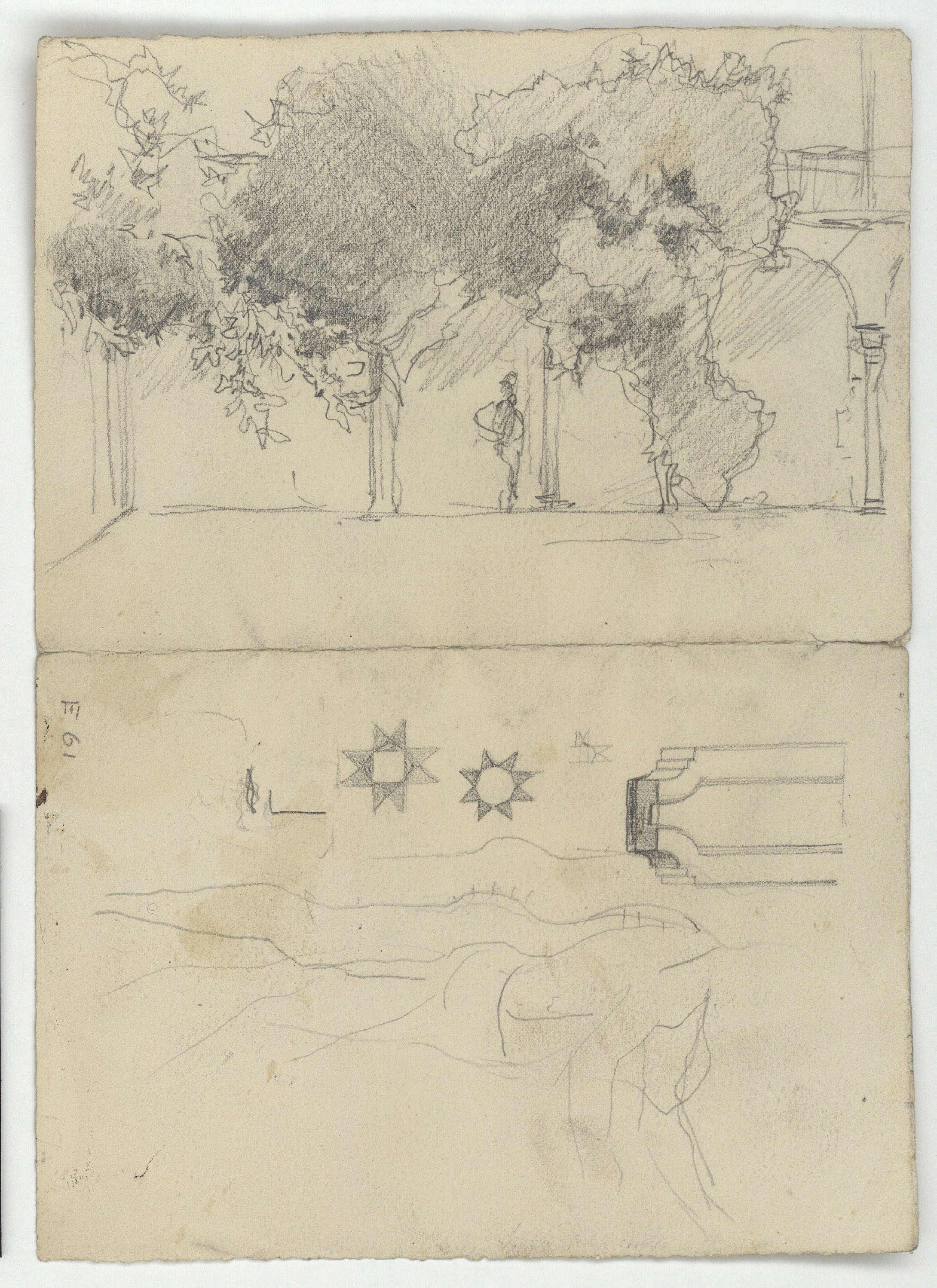 image for: Marià Fortuny - Esbós d'un passeig (anvers) / Porxada i motius geomètrics (revers) - Cap a 1867-1872 [1]