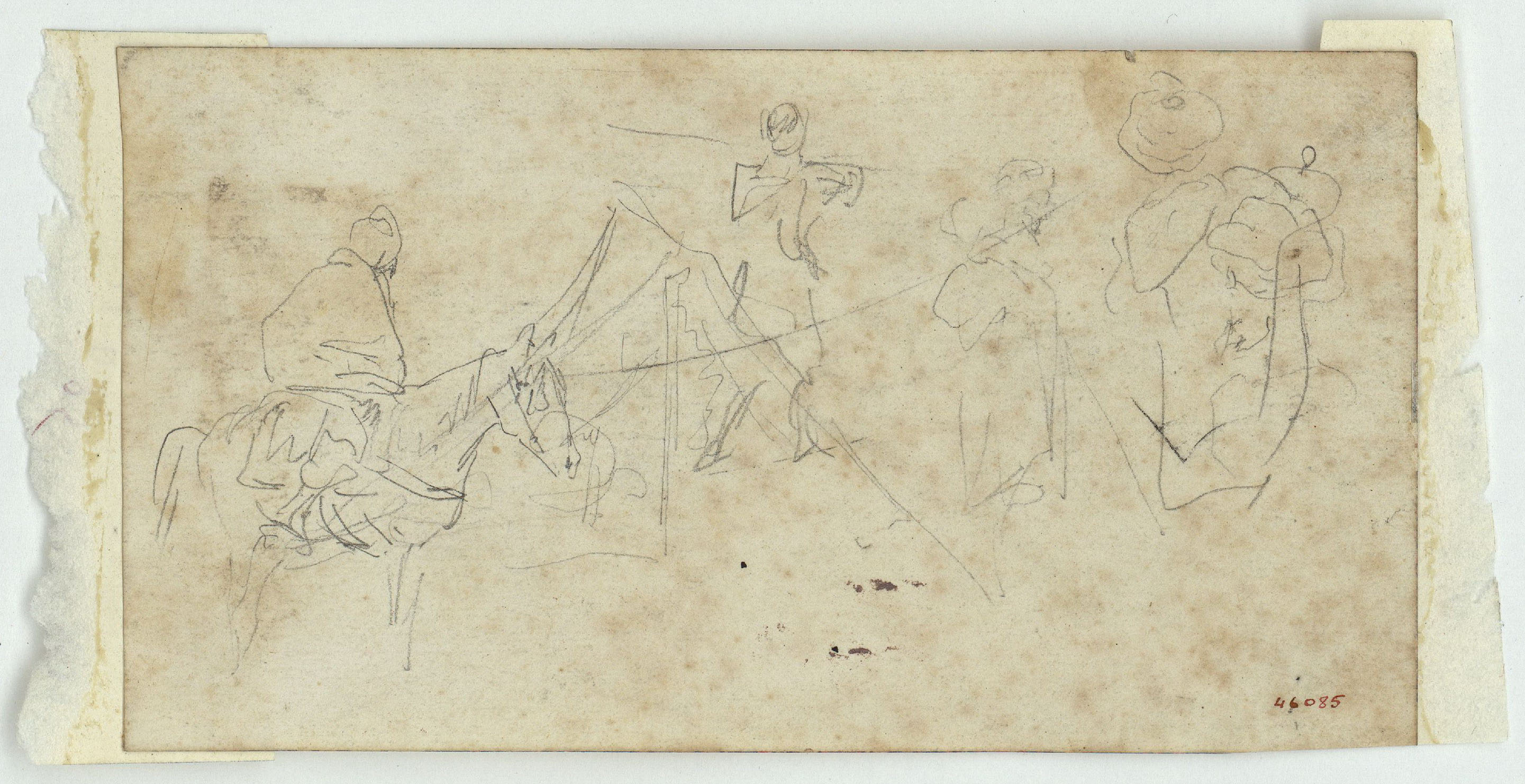 image for: Marià Fortuny - Croquis de marroquí a cavall i altres figures (anvers) / Croquis de dos genets marroquins a cavall i una figura asseguda (revers) - Cap a 1860-1862