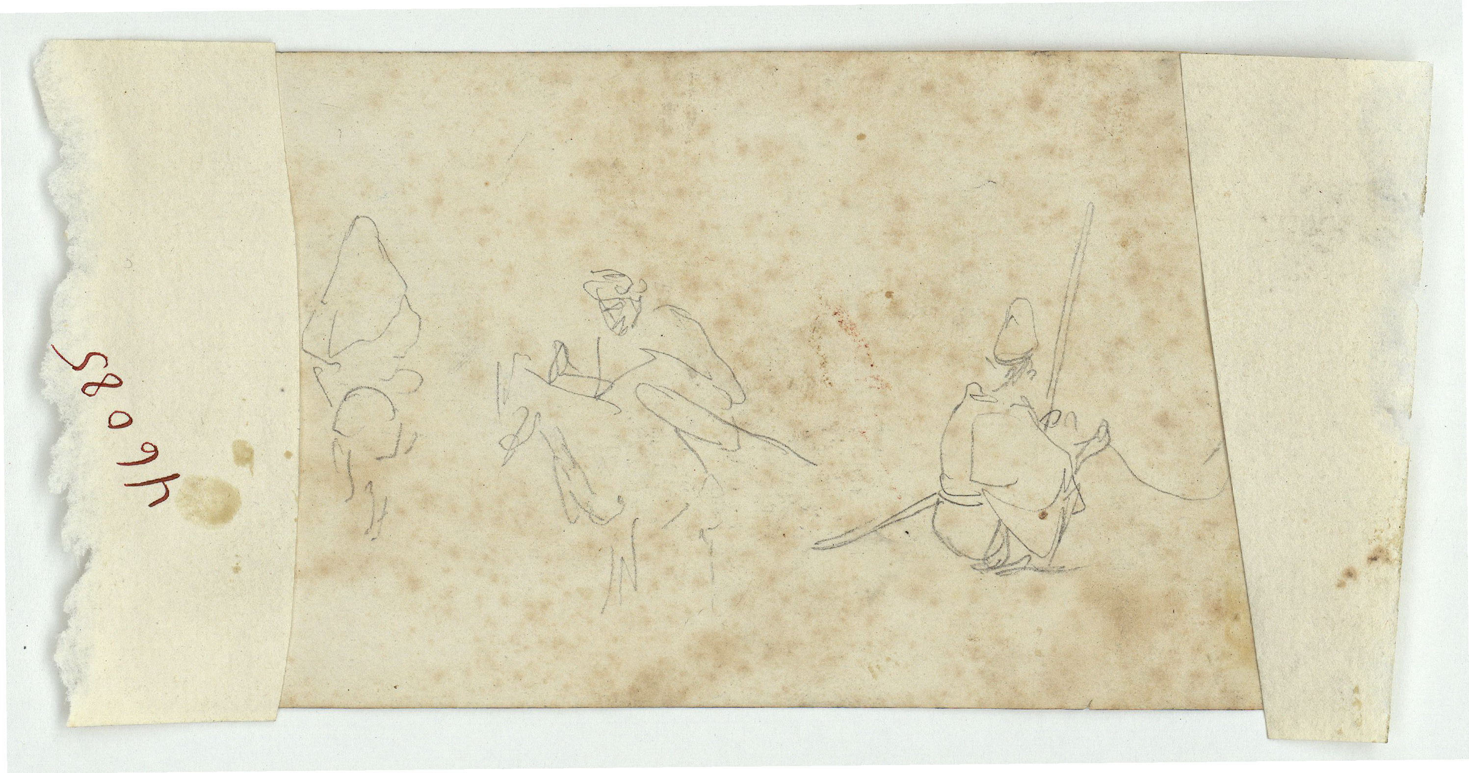 image for: Marià Fortuny - Croquis de marroquí a cavall i altres figures (anvers) / Croquis de dos genets marroquins a cavall i una figura asseguda (revers) - Cap a 1860-1862 [1]
