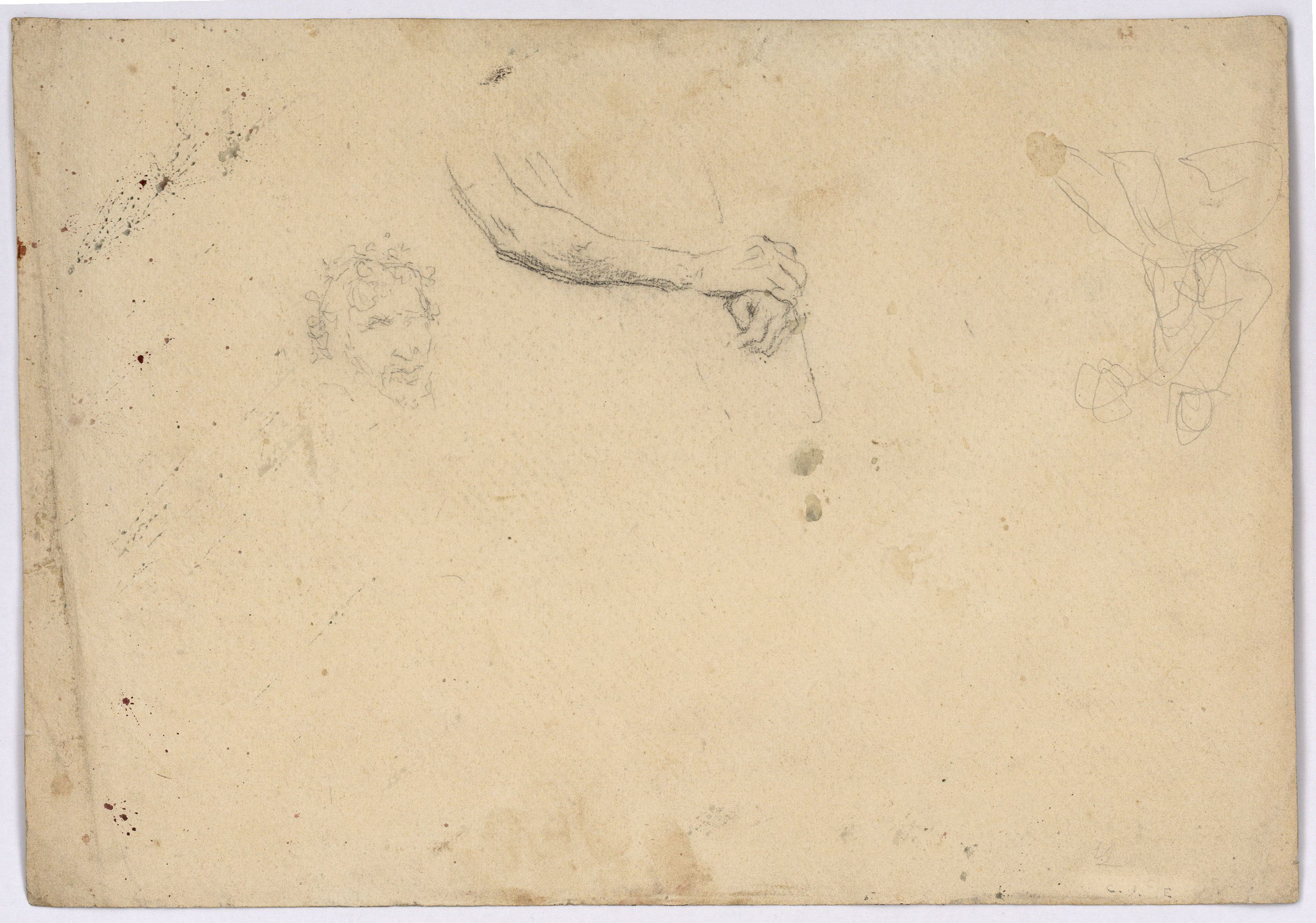 image for: Marià Fortuny - Població marroquina (anvers) / Cap i braços masculins i croquis de figura (revers) - Cap a 1860-1862 [1]
