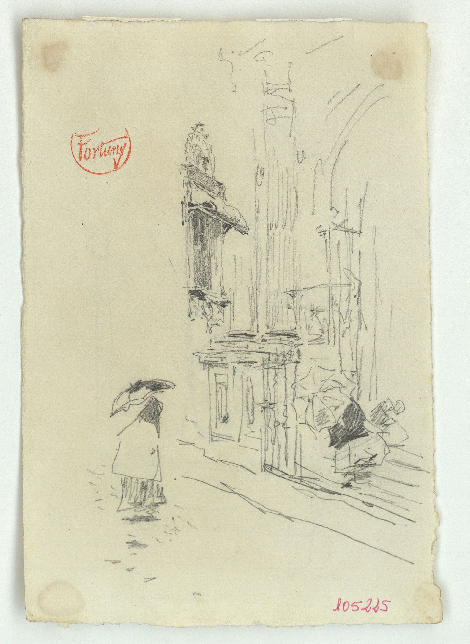 image for: Marià Fortuny - Façana d'església en dia de pluja (anvers) / Entrada amb figura (revers) - Cap a 1868