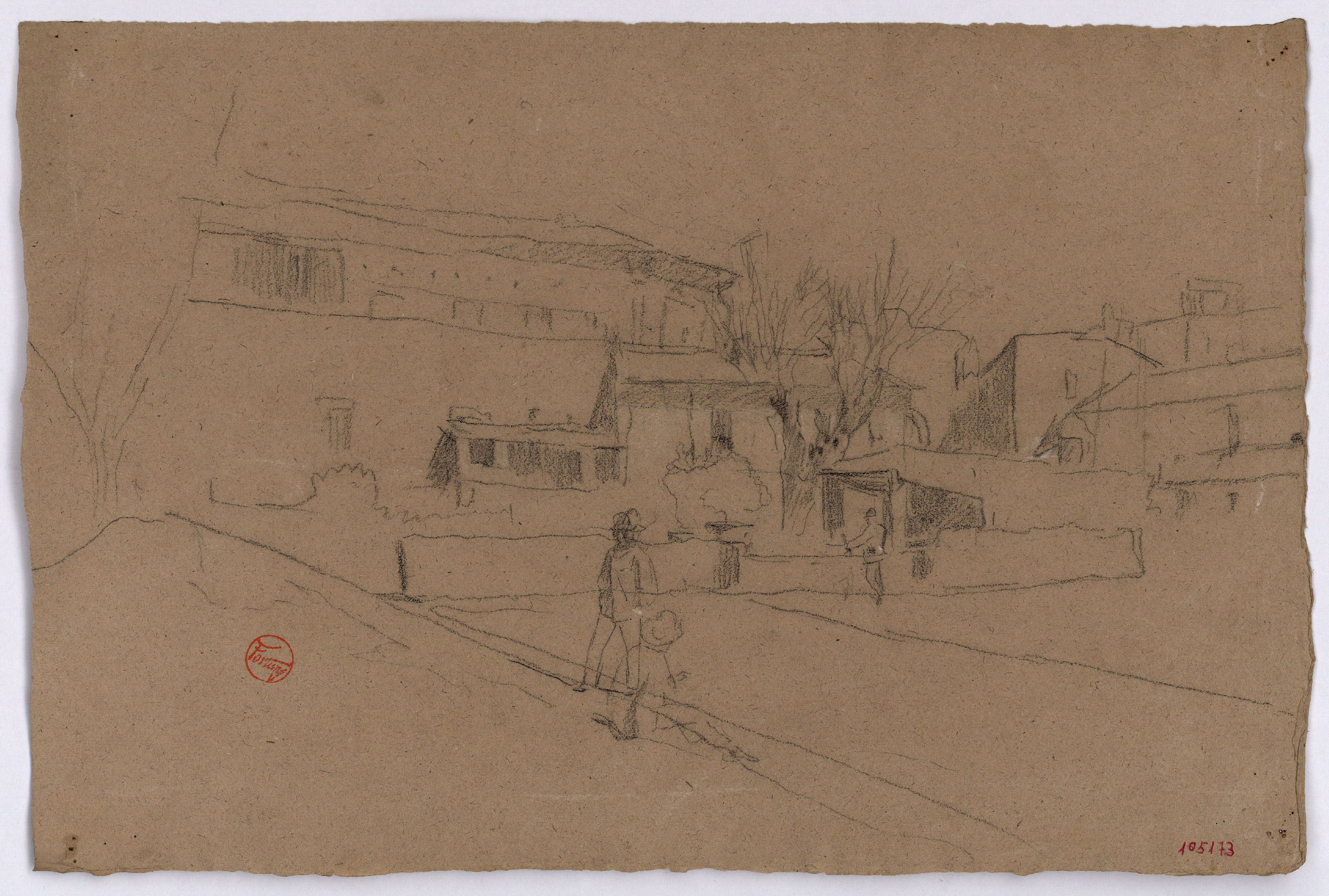 image for: Marià Fortuny - Població amb figures (anvers) / Esbós de figura masculina davant d'una porta (revers) - Cap a 1863-1866