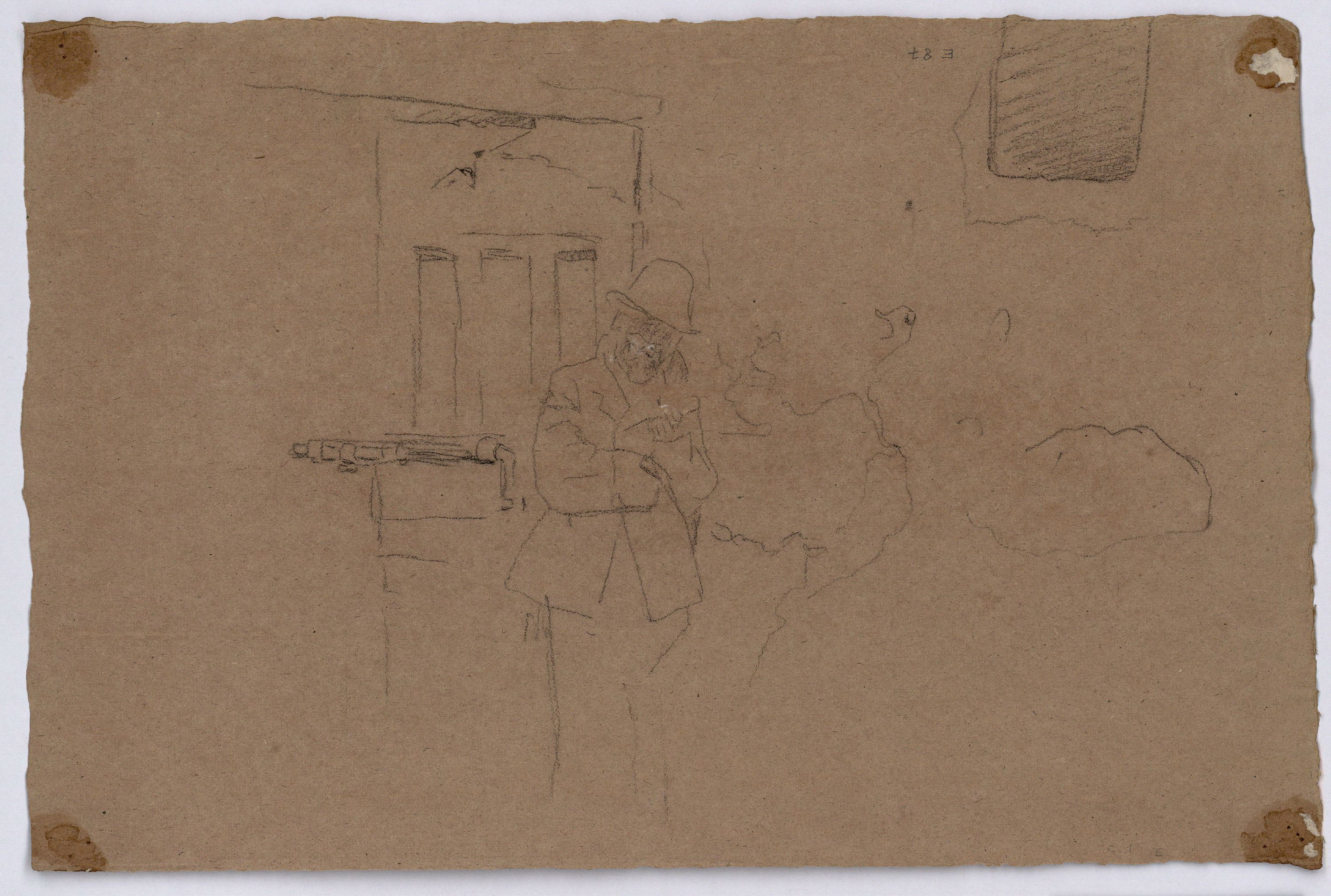 image for: Marià Fortuny - Població amb figures (anvers) / Esbós de figura masculina davant d'una porta (revers) - Cap a 1863-1866 [1]