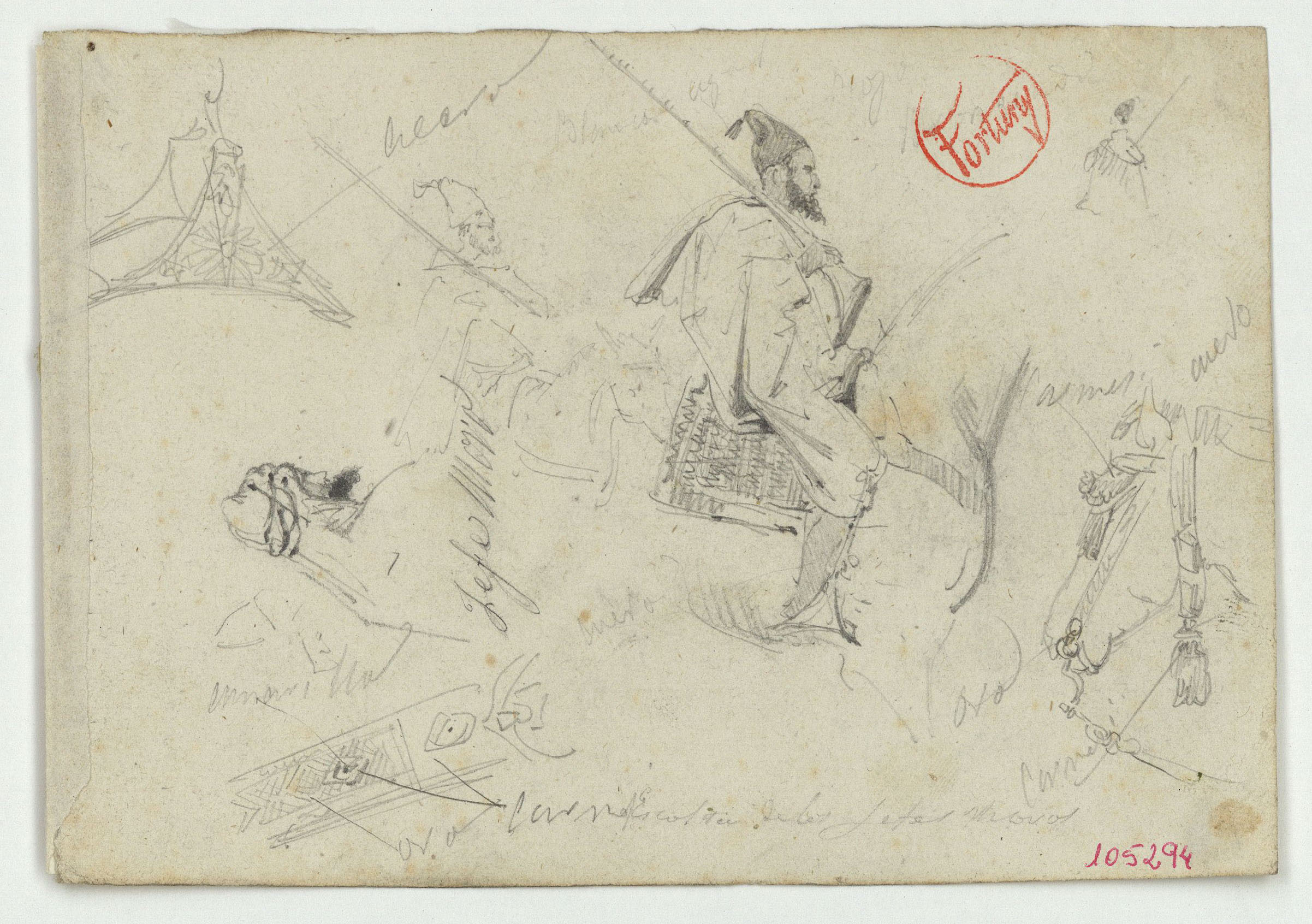 image for: Marià Fortuny - Escolta de los jefes moros (anvers) / Esbós de figures masculines (revers) - Cap a 1860-1862