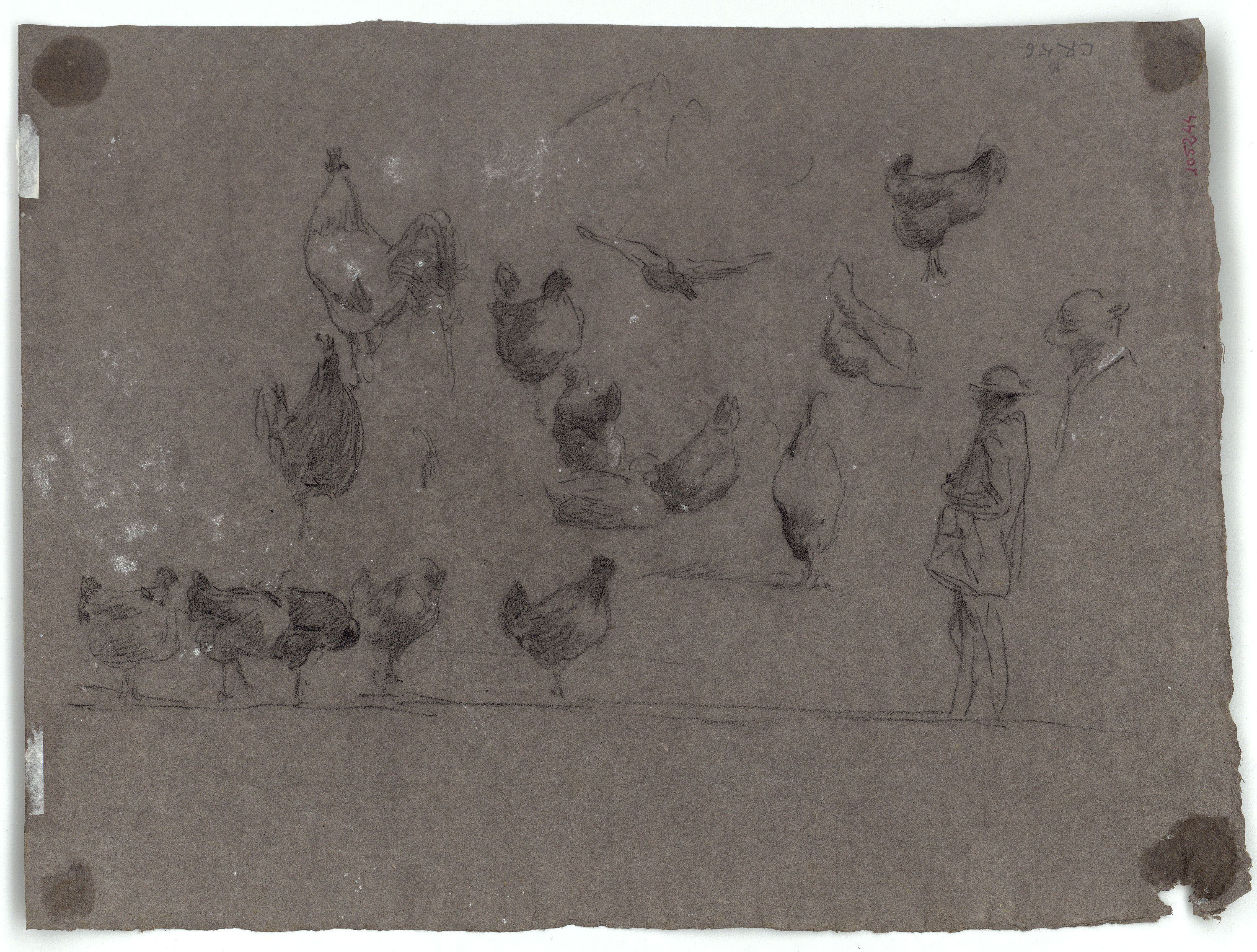 image for: Marià Fortuny - Gallines entorn un tronc d'arbre (anvers) / Gallines i figures masculines (revers) - Cap a 1870 [1]