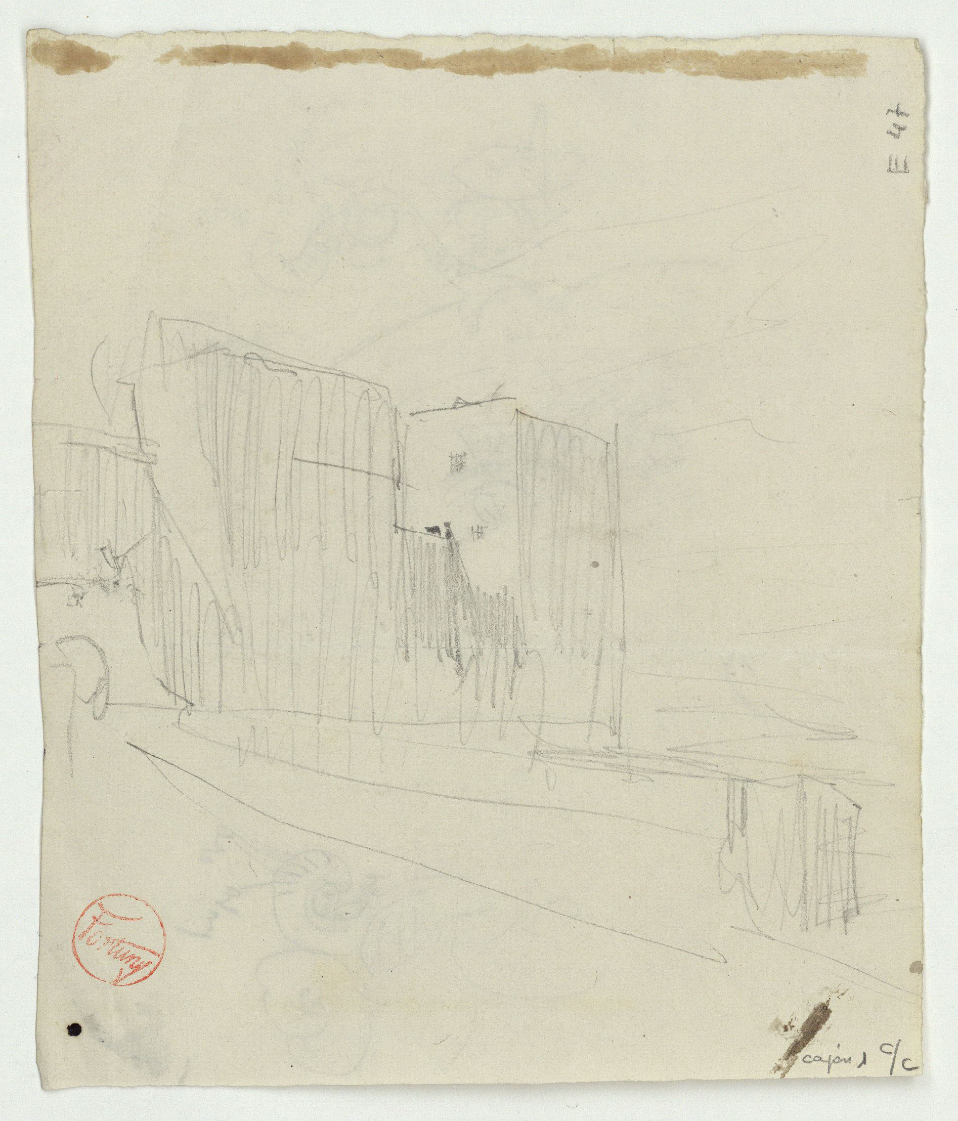 image for: Marià Fortuny - Detalls de motius ornamentals (anvers) / Croquis d'edifici (revers) - Cap a 1860-1862 [1]