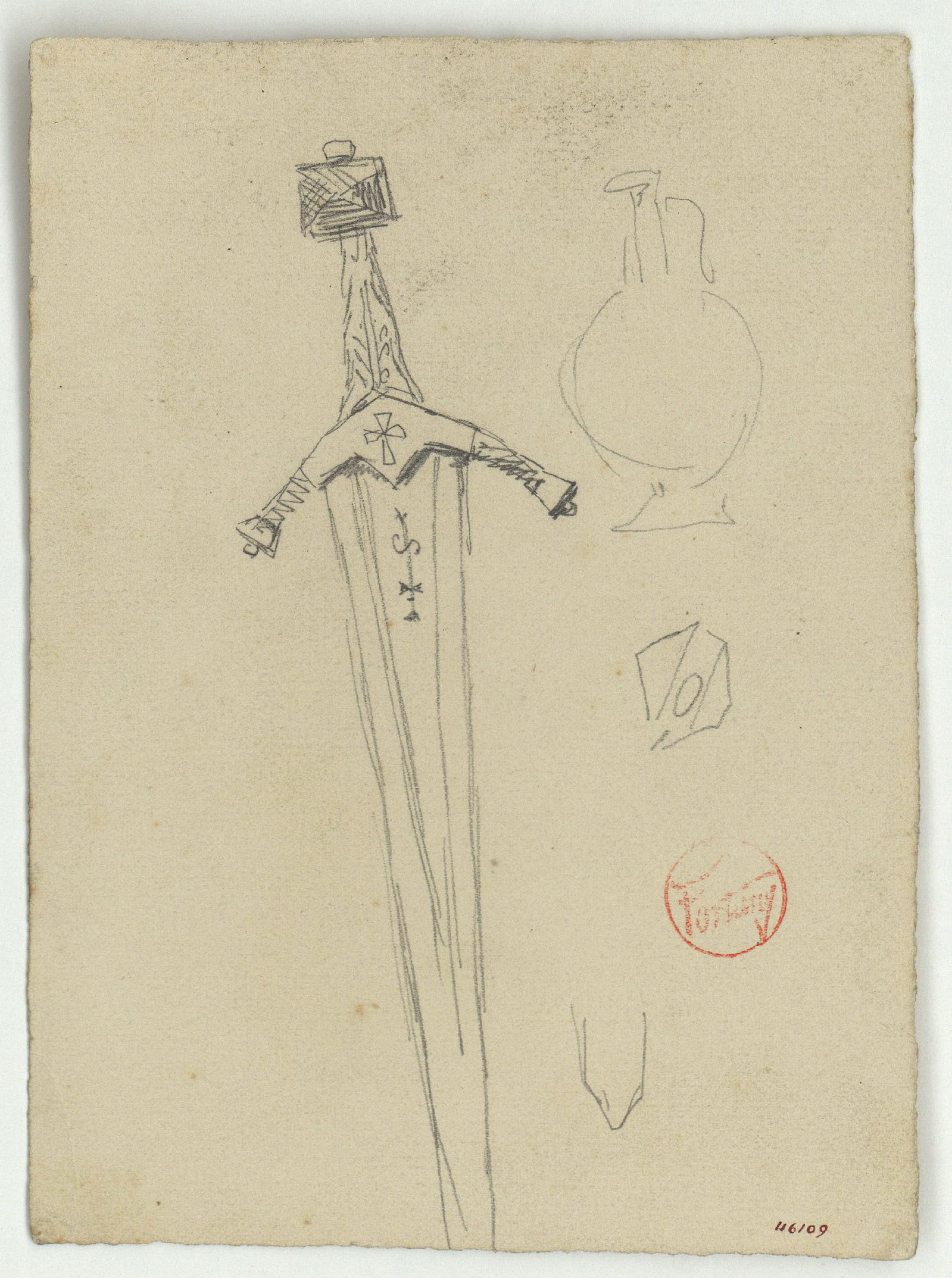 image for: Marià Fortuny - Espasa i altres objectes (anvers) / Bust de bisbe (revers) - Cap a 1867-1873