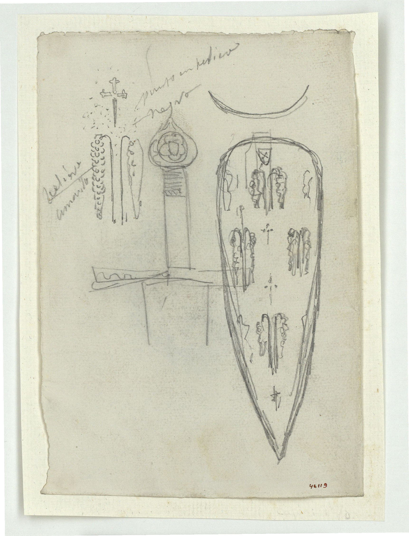 image for: Marià Fortuny - Pom d'espasa, escut i detalls (anvers) / Esbós de guardamà (revers) - Cap a 1867-1872