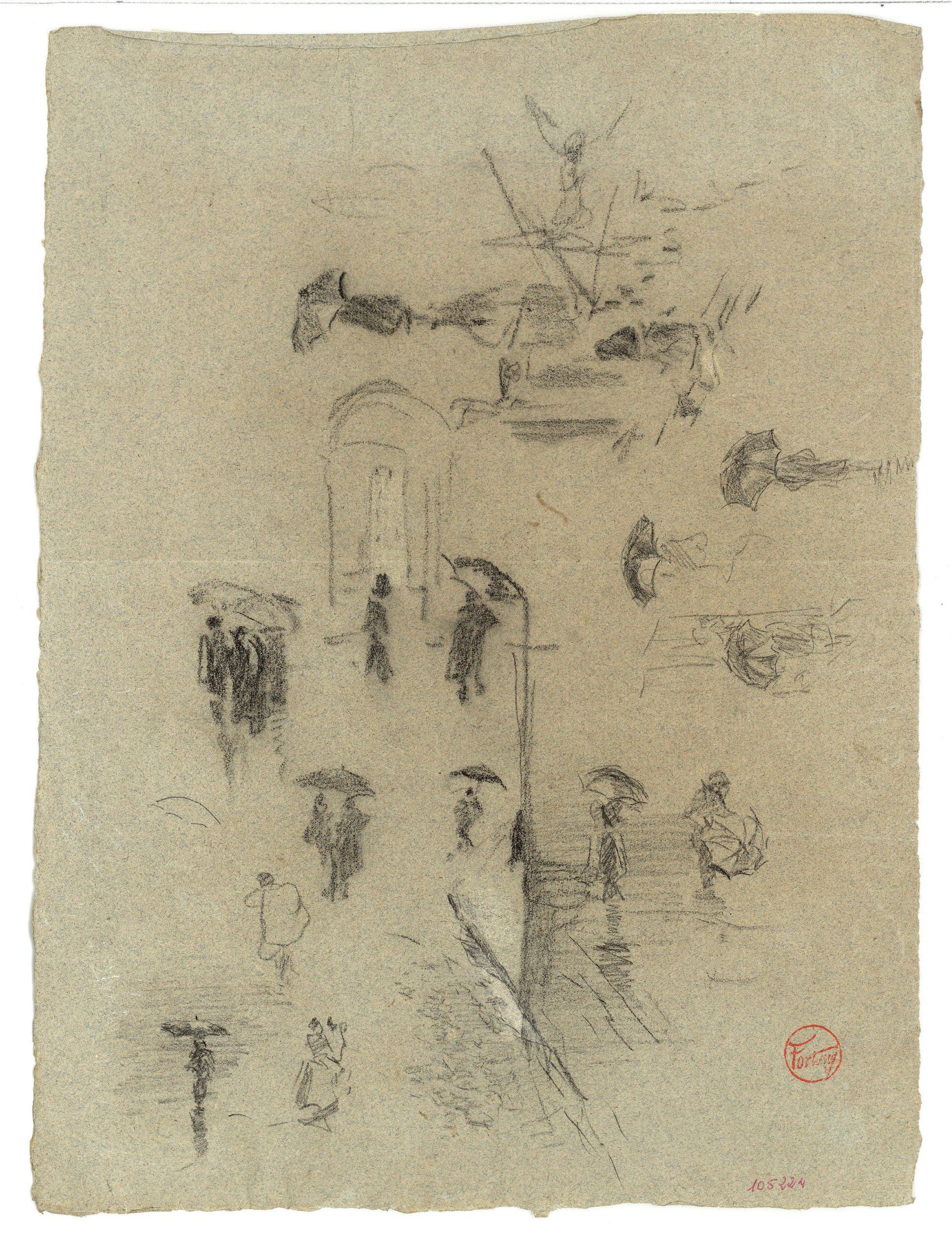 image for: Marià Fortuny - Esbós de figures amb paraigües - Cap a 1867-1868