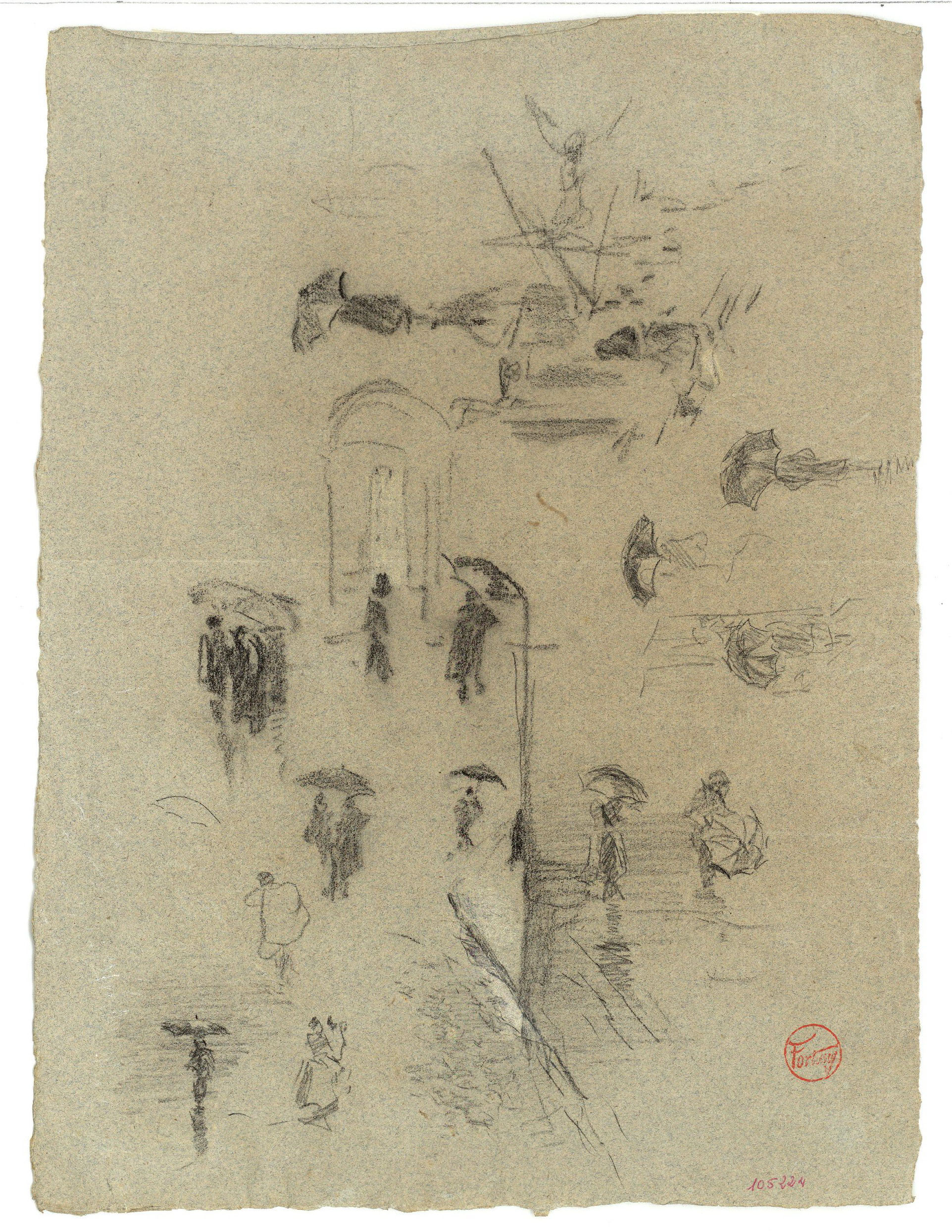 image for: Marià Fortuny - Esbós de figures amb paraigües - Cap a 1867-1868