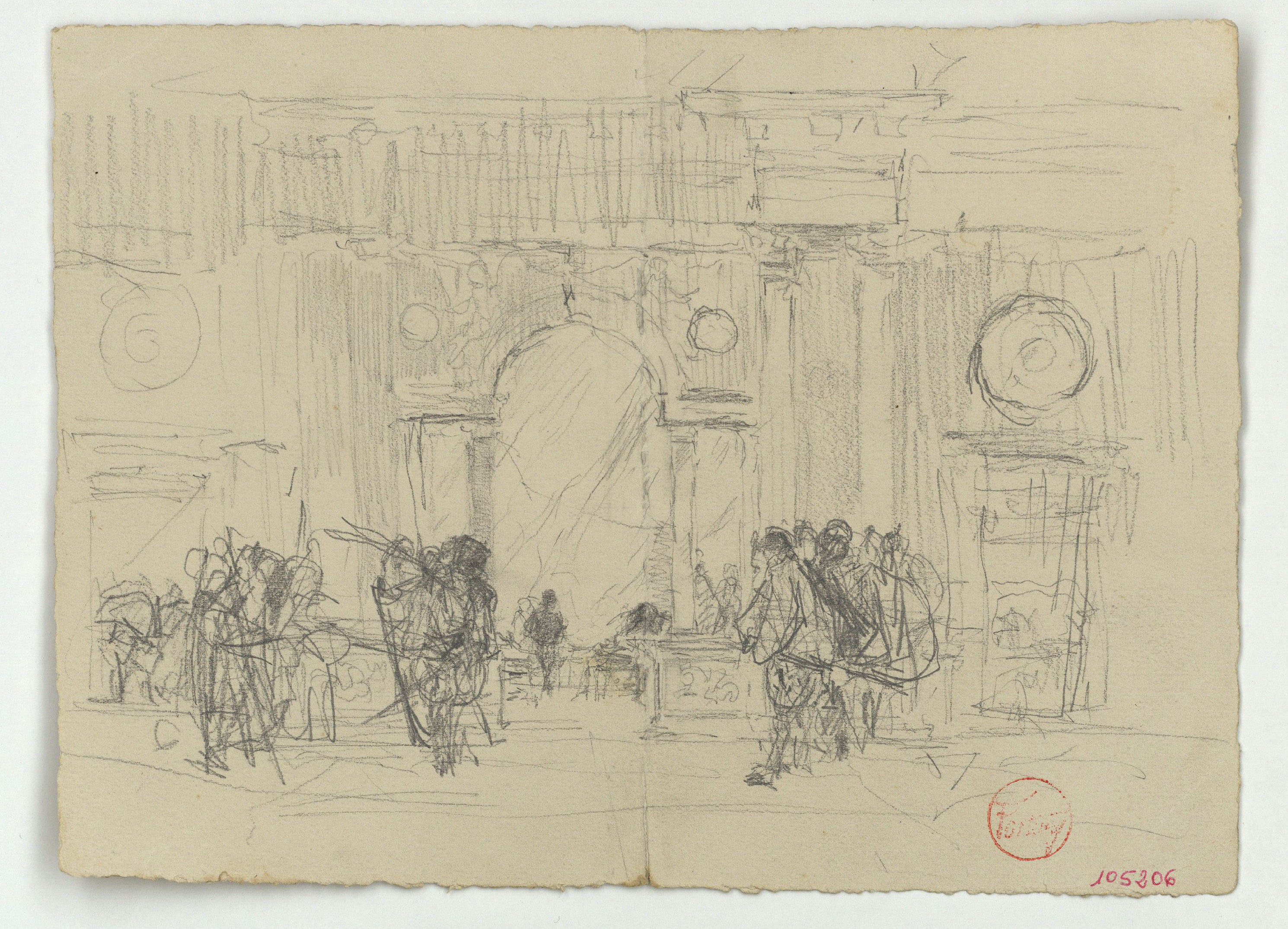 image for: Marià Fortuny - Esbós del palau de Carles V a l'Alhambra de Granada i figures (anvers) / Anells (revers) - Cap a 1870-1872