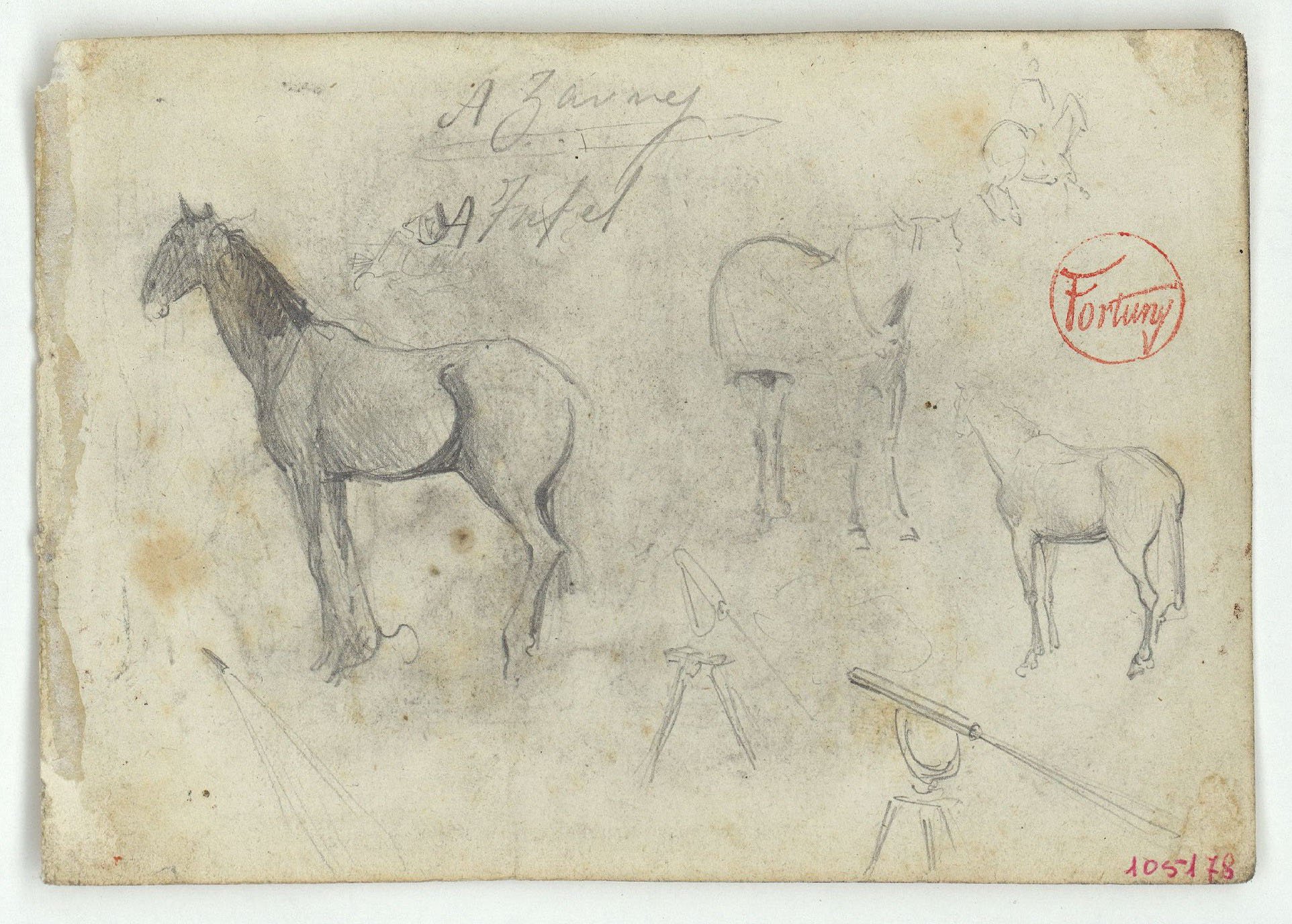 image for: Marià Fortuny - Cavalls i telescopi (anvers) / Arbres (revers) - Cap a 1860