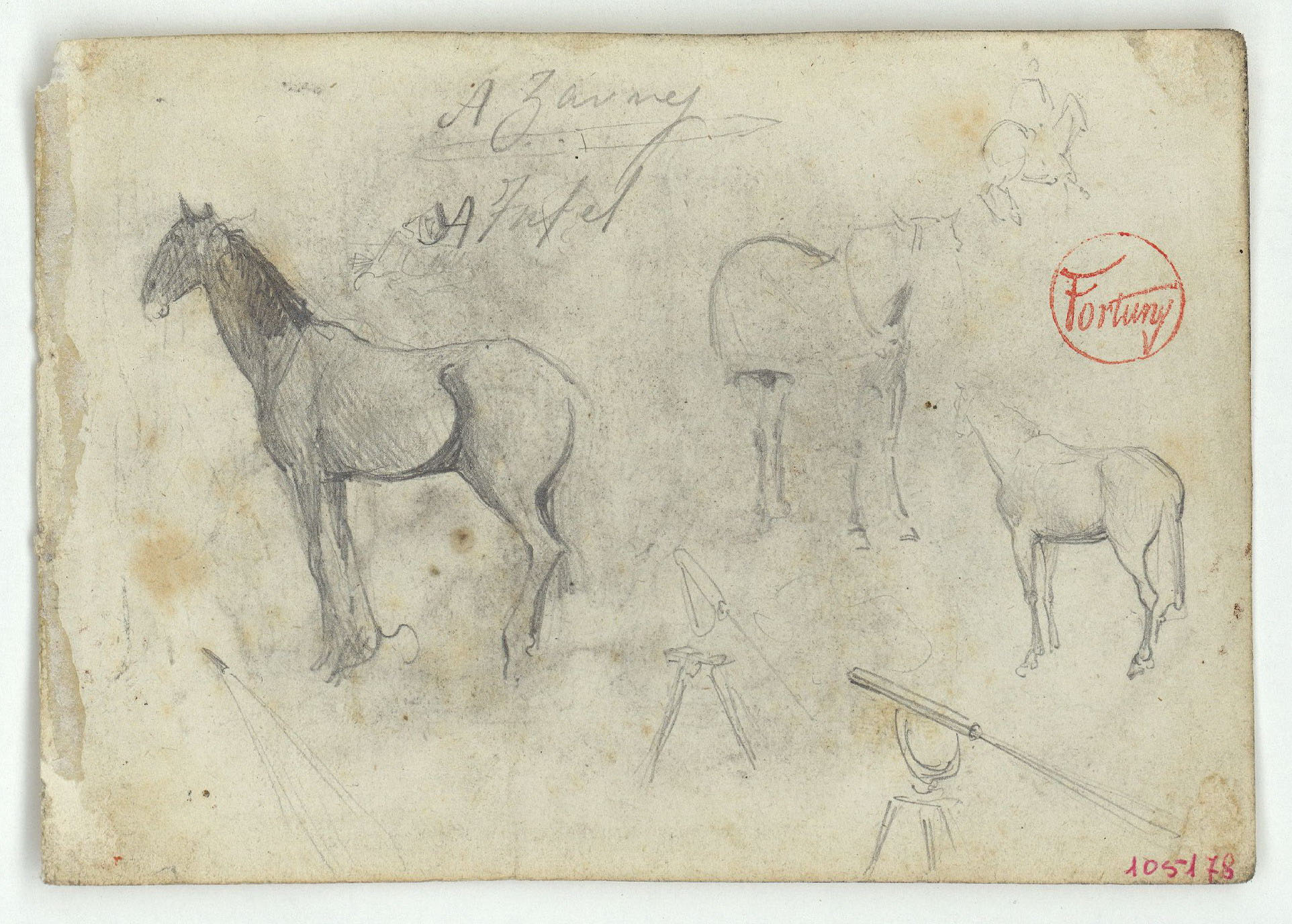 image for: Marià Fortuny - Cavalls i telescopi (anvers) / Arbres (revers) - Cap a 1860