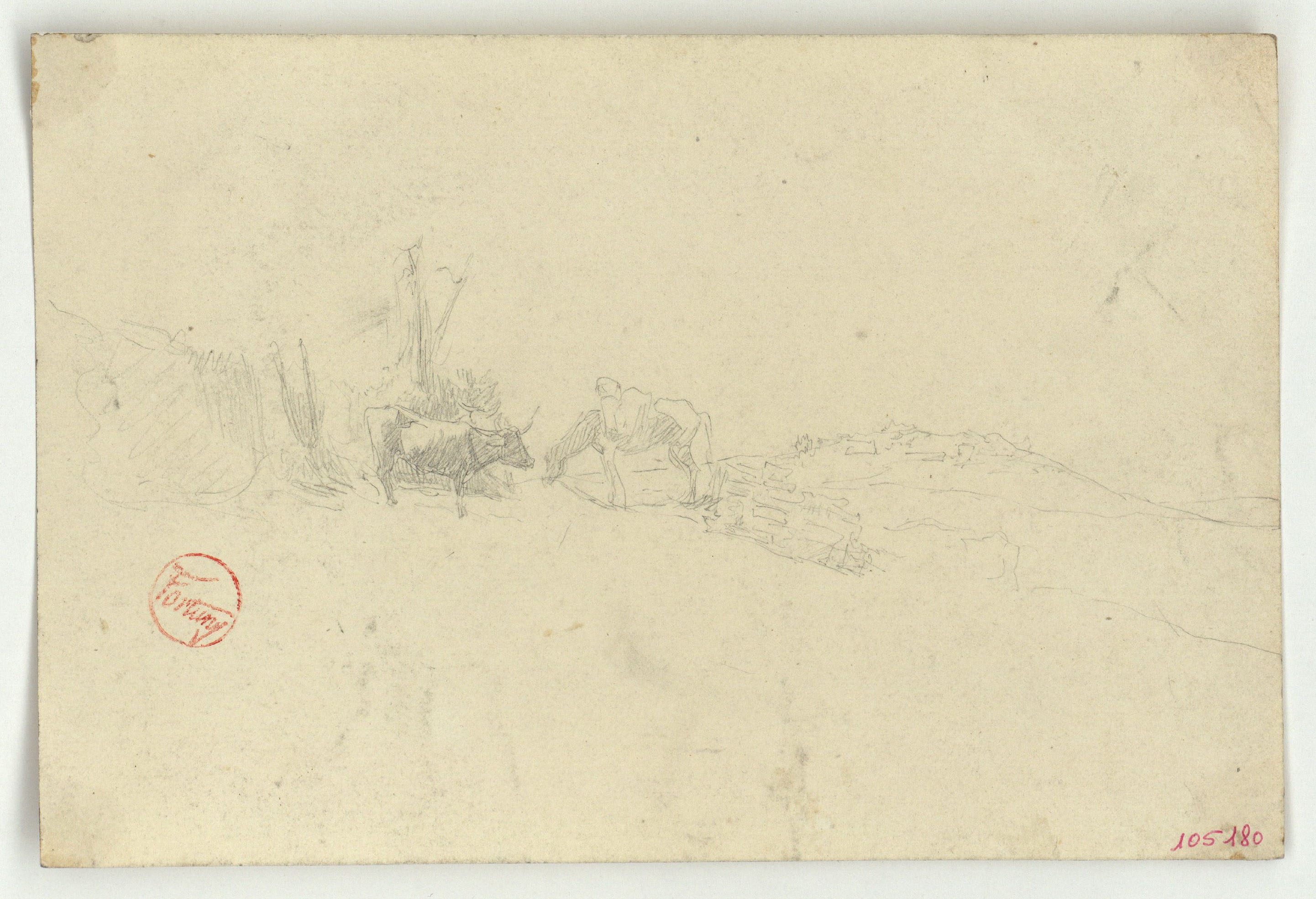 image for: Marià Fortuny - Bou i cavall al camp (anvers) / Croquis de portes d'edificis d'estil musulmà (revers) - Cap a 1860-1862