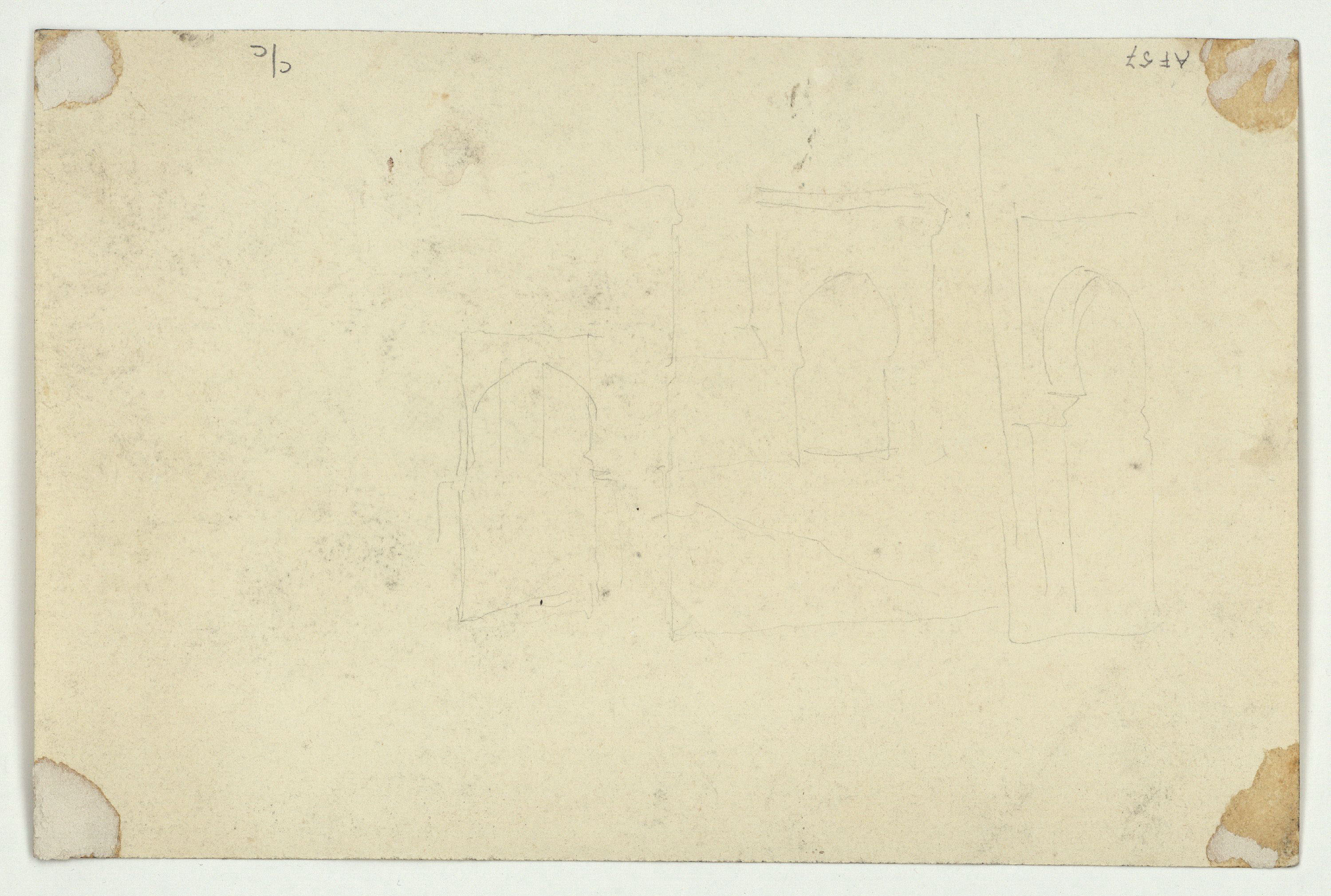image for: Marià Fortuny - Bou i cavall al camp (anvers) / Croquis de portes d'edificis d'estil musulmà (revers) - Cap a 1860-1862 [1]