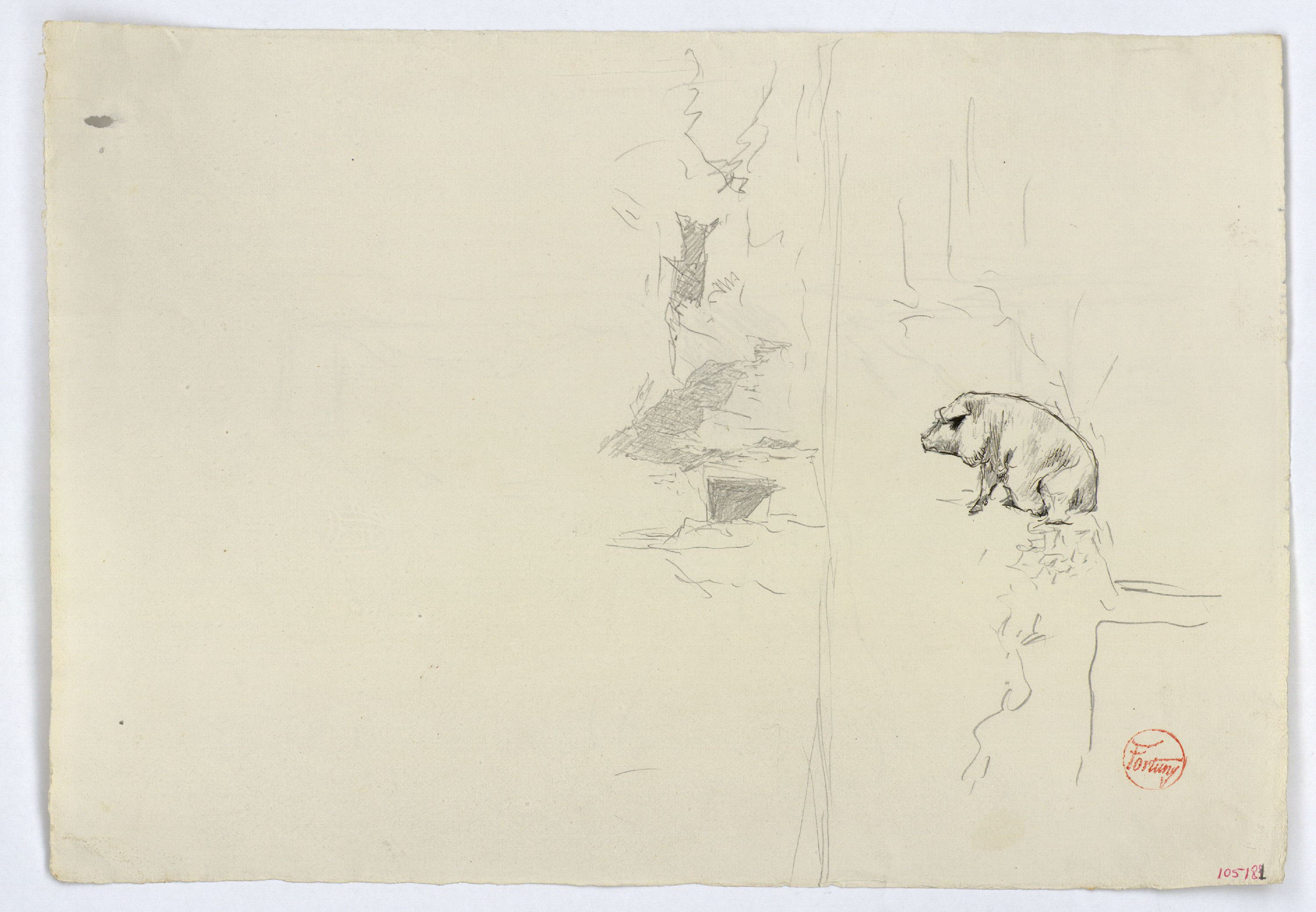 image for: Marià Fortuny - Estudi per al quadre «Els porcs» (anvers) / Croquis inconcret (revers) - Cap a 1872