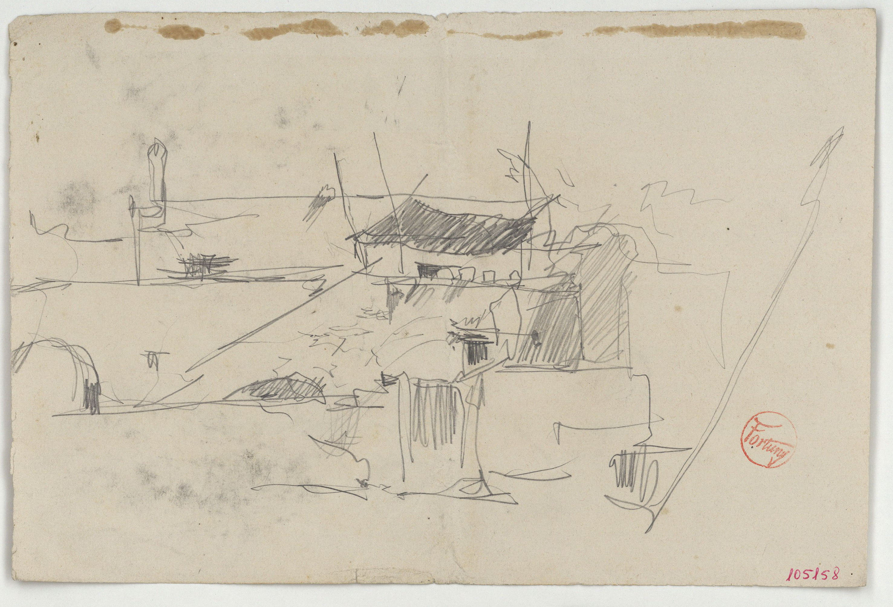 image for: Marià Fortuny - Vista d'un poblat (anvers) / Croquis d'un poblat (revers) - Cap a 1870-1874