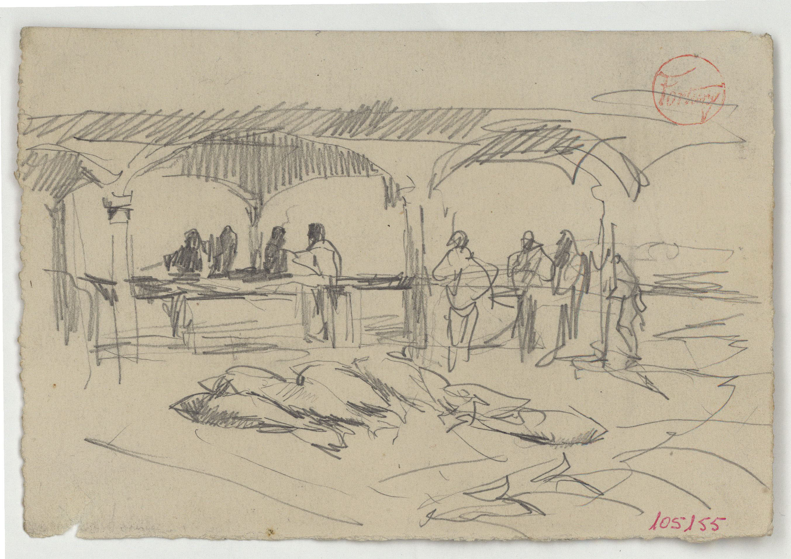 image for: Marià Fortuny - Escena de mercat (anvers) / Caps de peixos (revers) - Cap a 1871