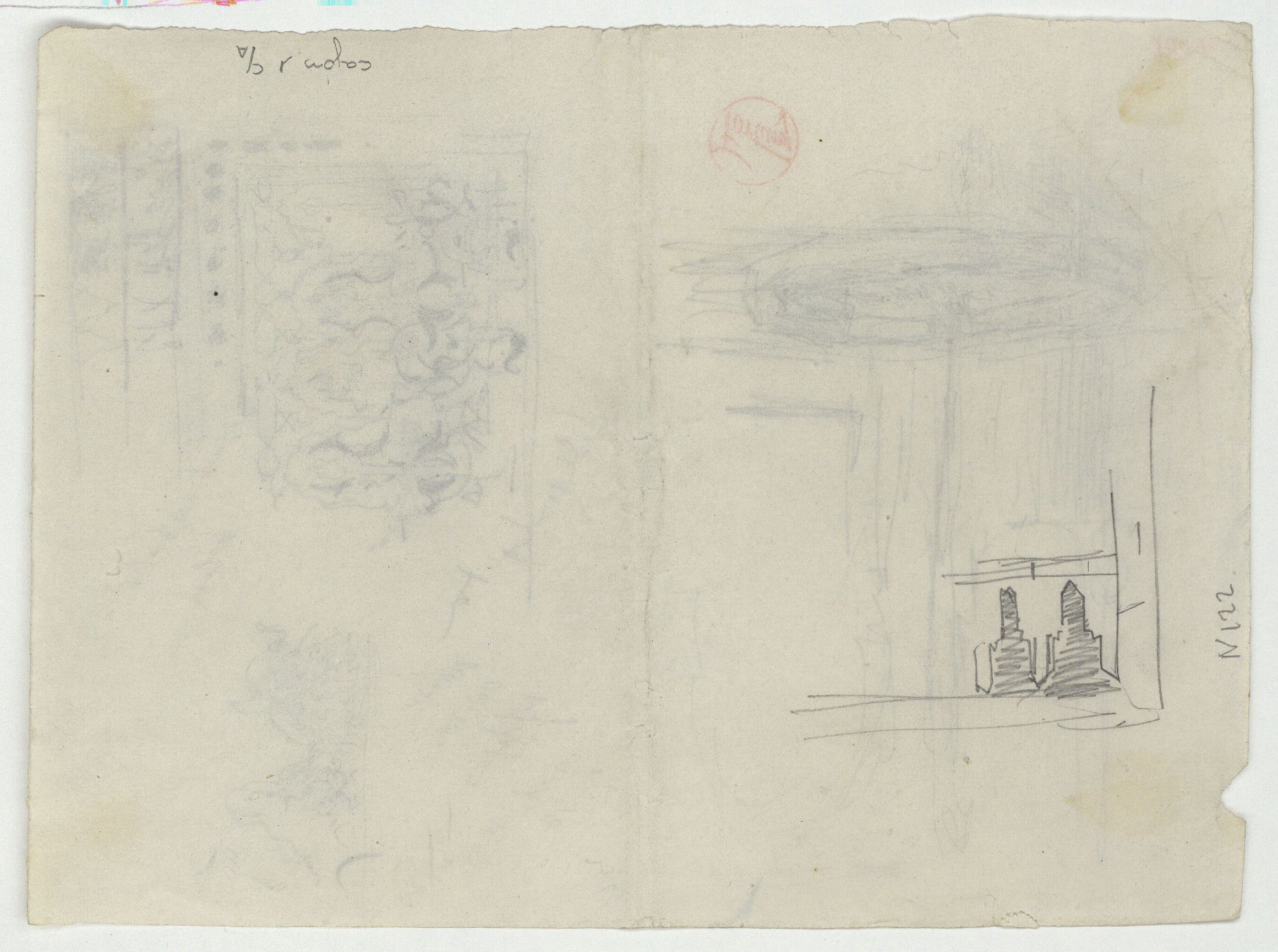 image for: Marià Fortuny - Sanefa d'estil musulmà i brollador (anvers) / Croquis inconcret (revers) - Cap a 1860-1862 [1]