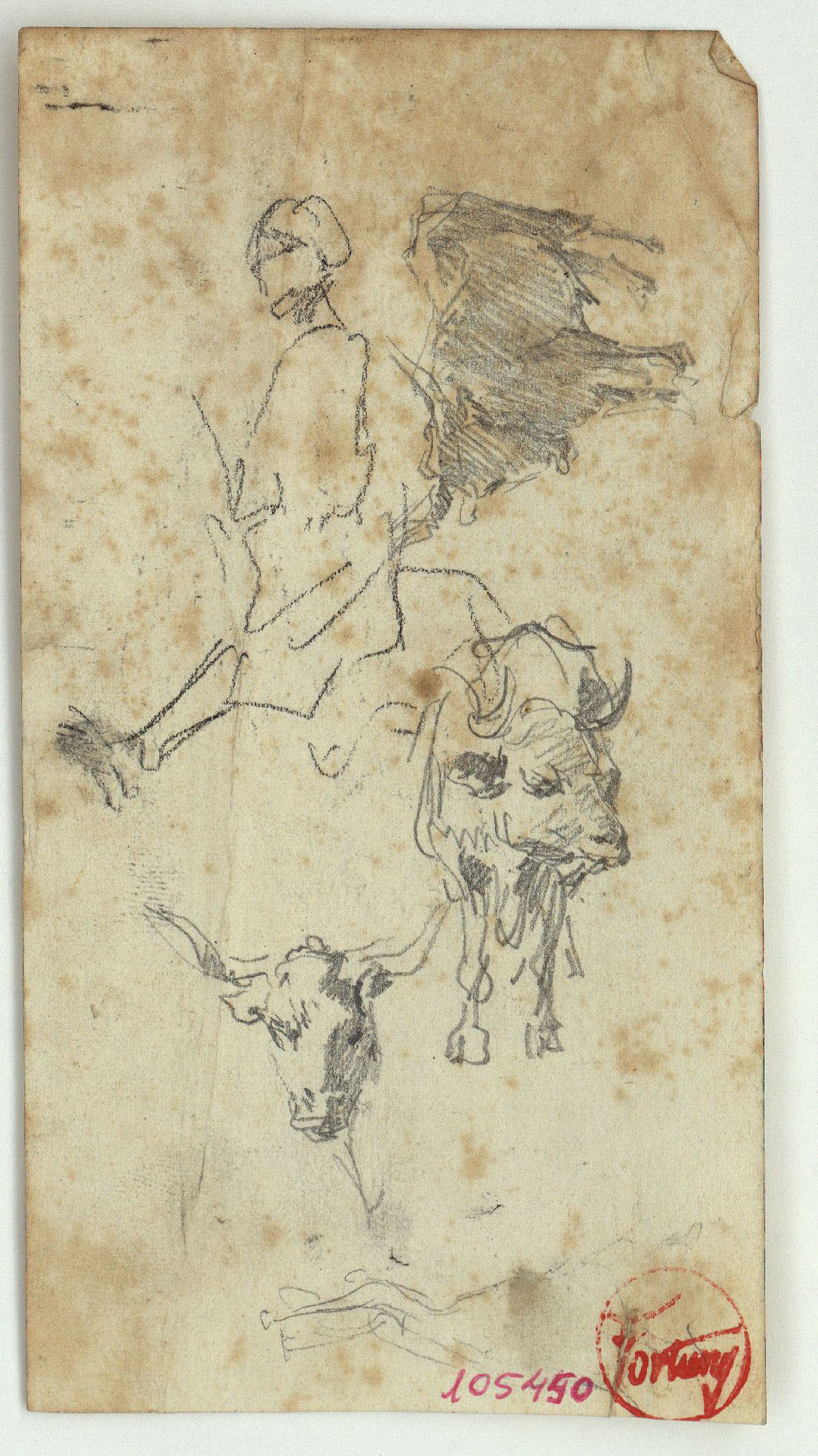 image for: Marià Fortuny - Figura i bous (anvers) / Croquis de figura i animals (revers) - Cap a 1860-1862