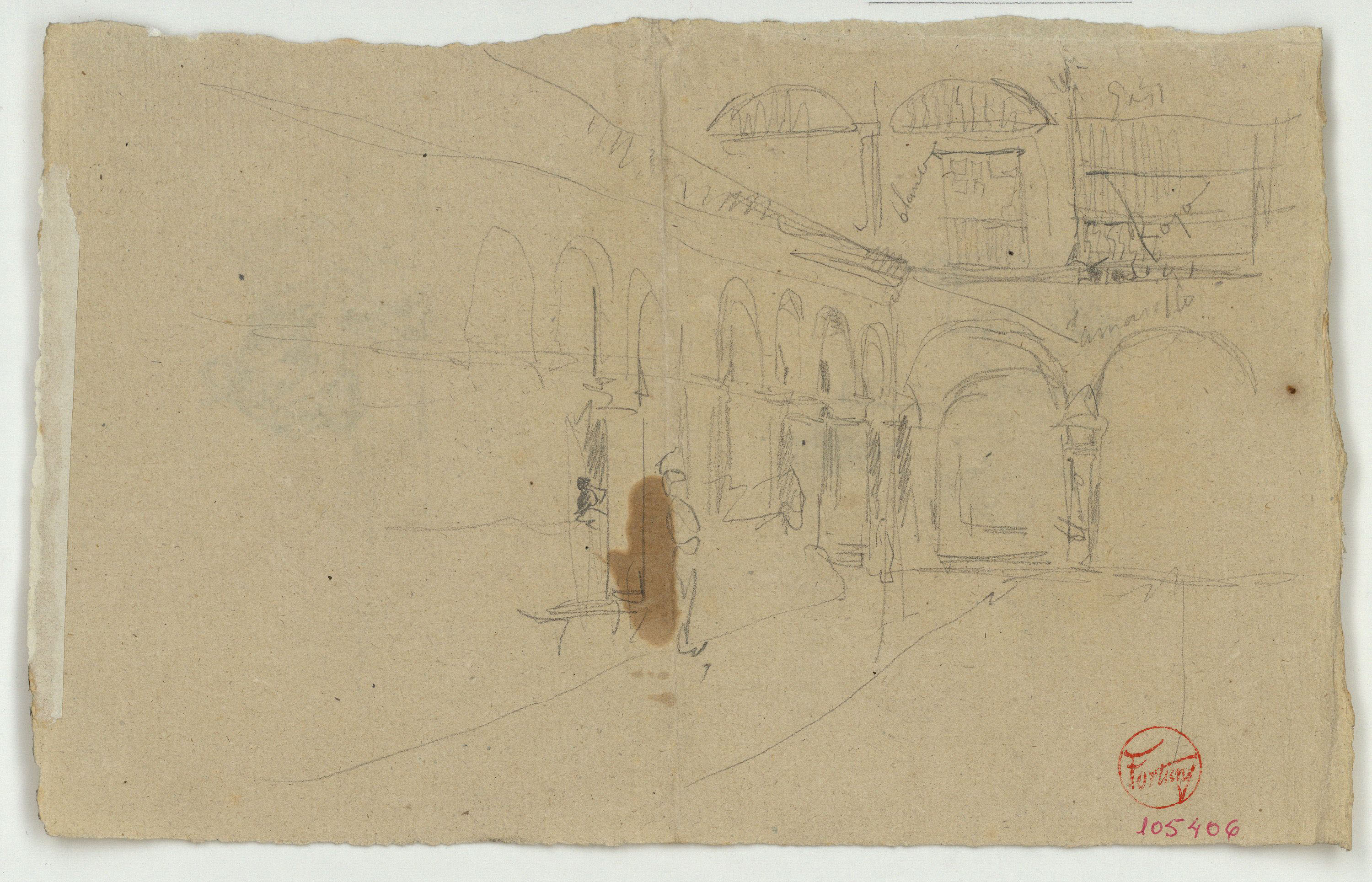 image for: Marià Fortuny - Esbós d'una plaça porxada (anvers) / Esbós de figures (revers) - Cap a 1866-1872