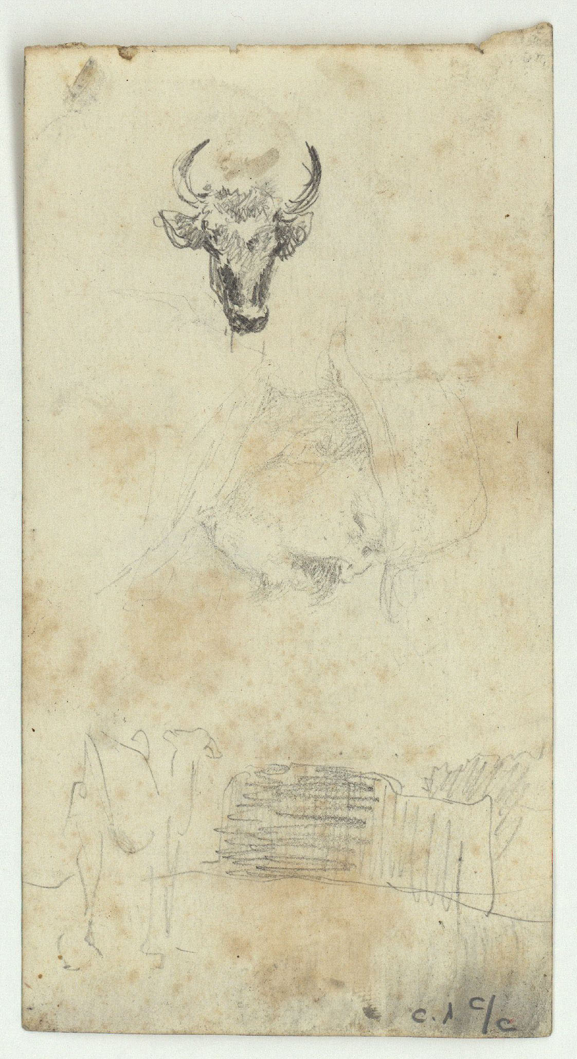 image for: Marià Fortuny - Marroquins (anvers) / Toro, retrat masculí i camell (revers) - Cap a 1860-1862 [1]