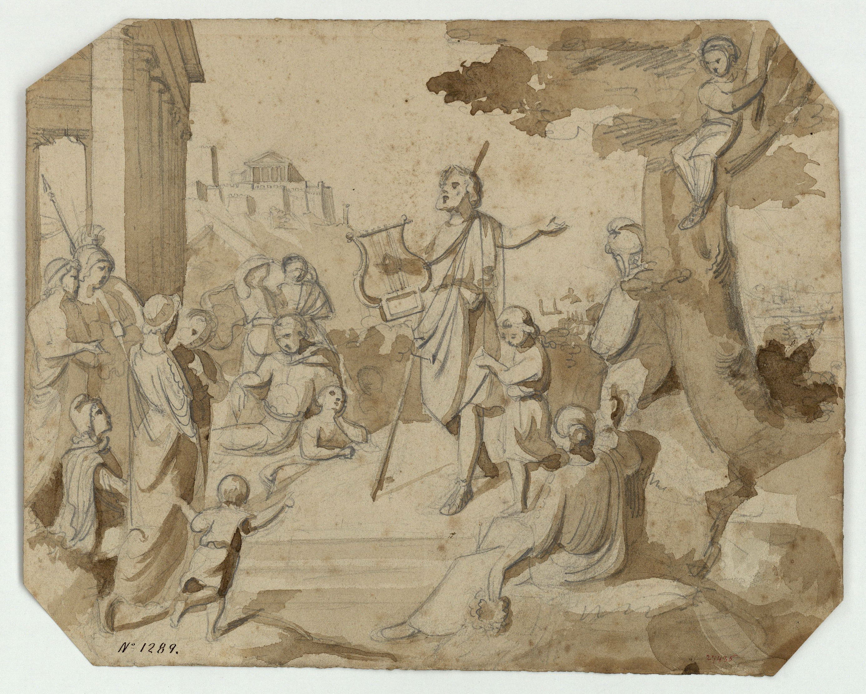 image for: Marià Fortuny - Homer recitant poemes (anvers) / Croquis de figures (revers) - Cap a 1855-1856