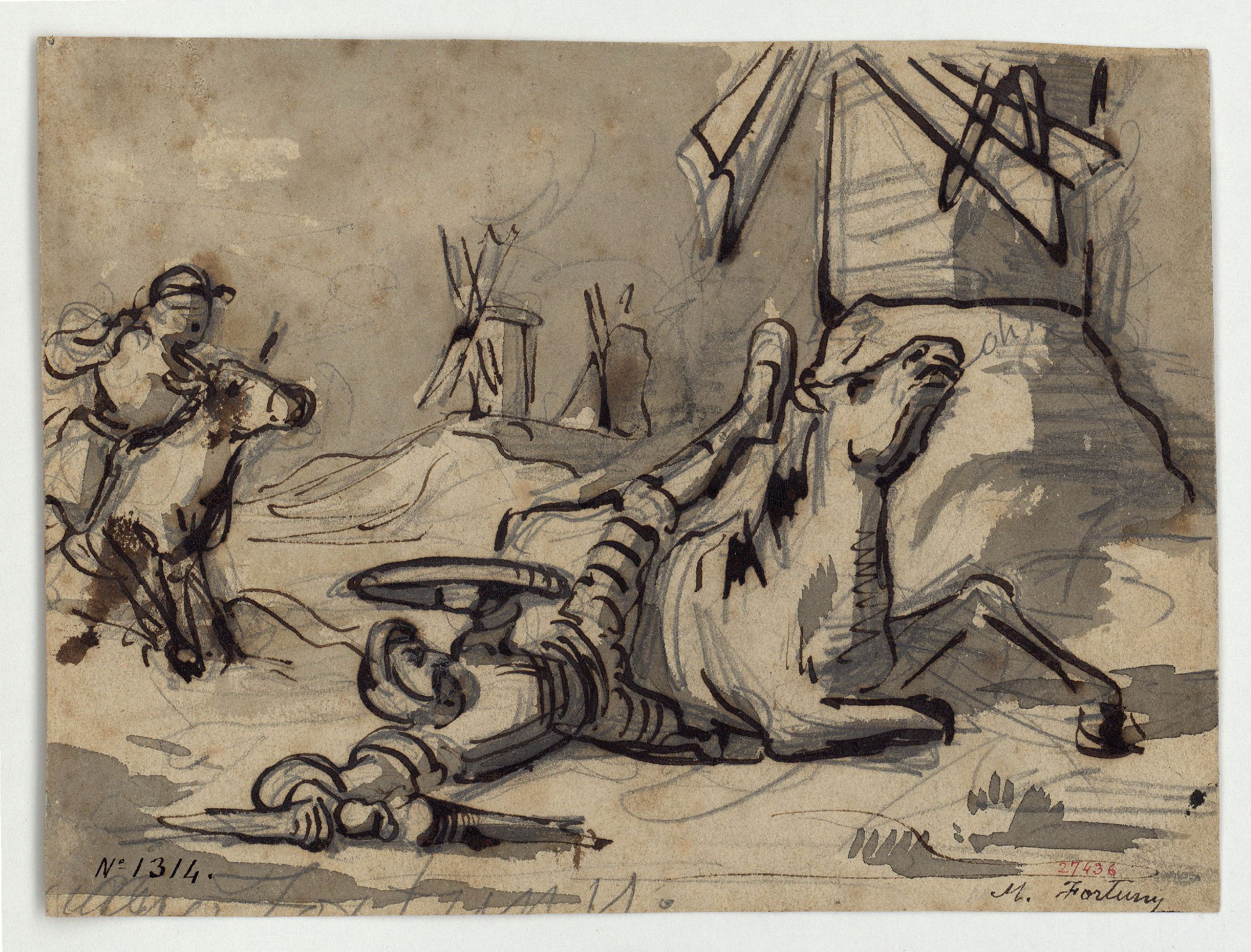 image for: Marià Fortuny - L'aventura del Quixot amb els molins de vent (anvers) / Estudi de figures (revers) - Cap a 1855-1856