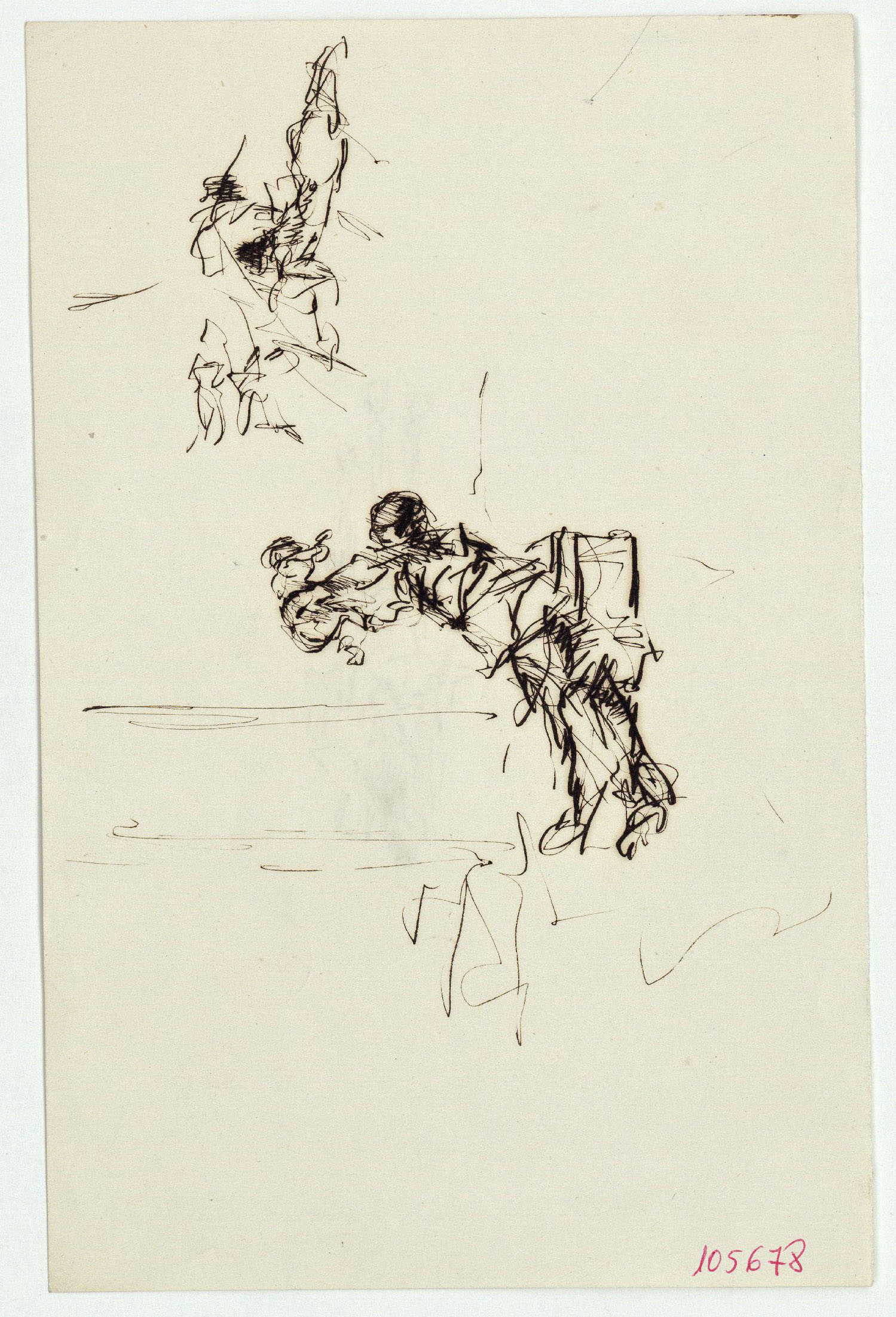 image for: Marià Fortuny - Dona jugant amb un nadó i croquis inconcret (anvers) / Genet a cavall (revers) - Cap a 1867-1872