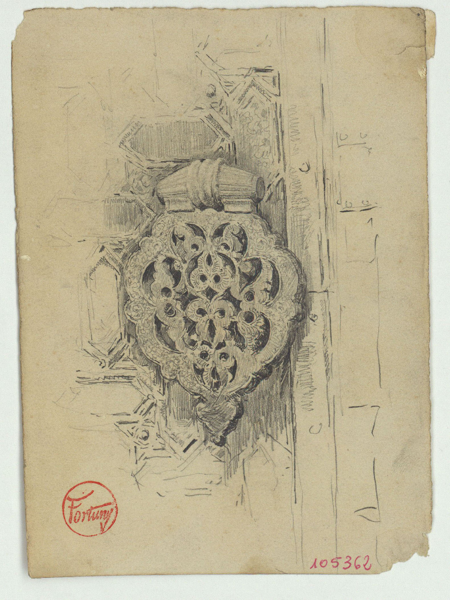 image for: Marià Fortuny - Pany de porta d'estil musulmà (anvers) / Casc i empunyadures d'espasa d'estil musulmà (revers) - Cap a 1870-1872