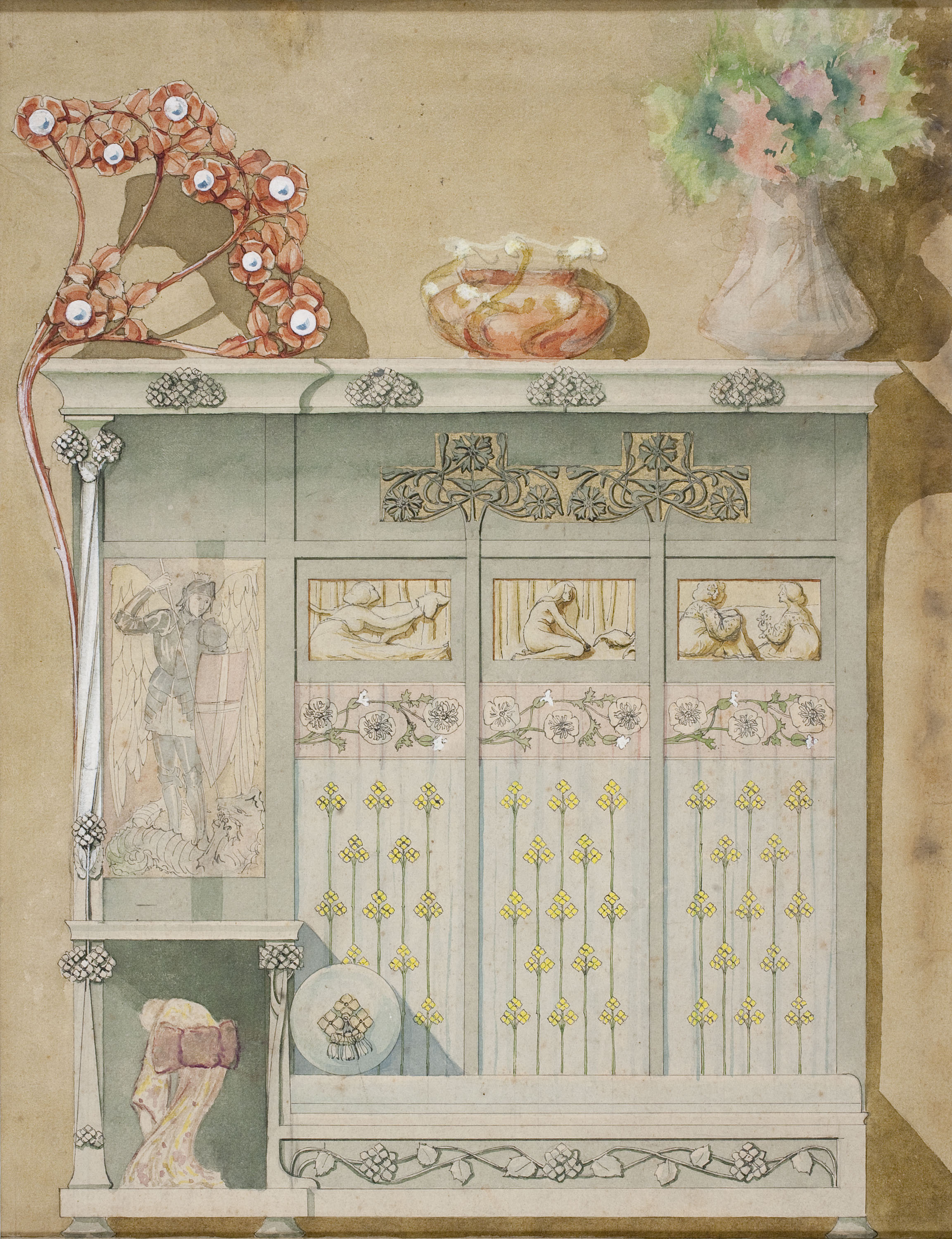 image for: Gaspar Homar - Escó amb plafó de marqueteria amb sant Miquel arcàngel portant l'escut de sant Jordi - Cap a 1900