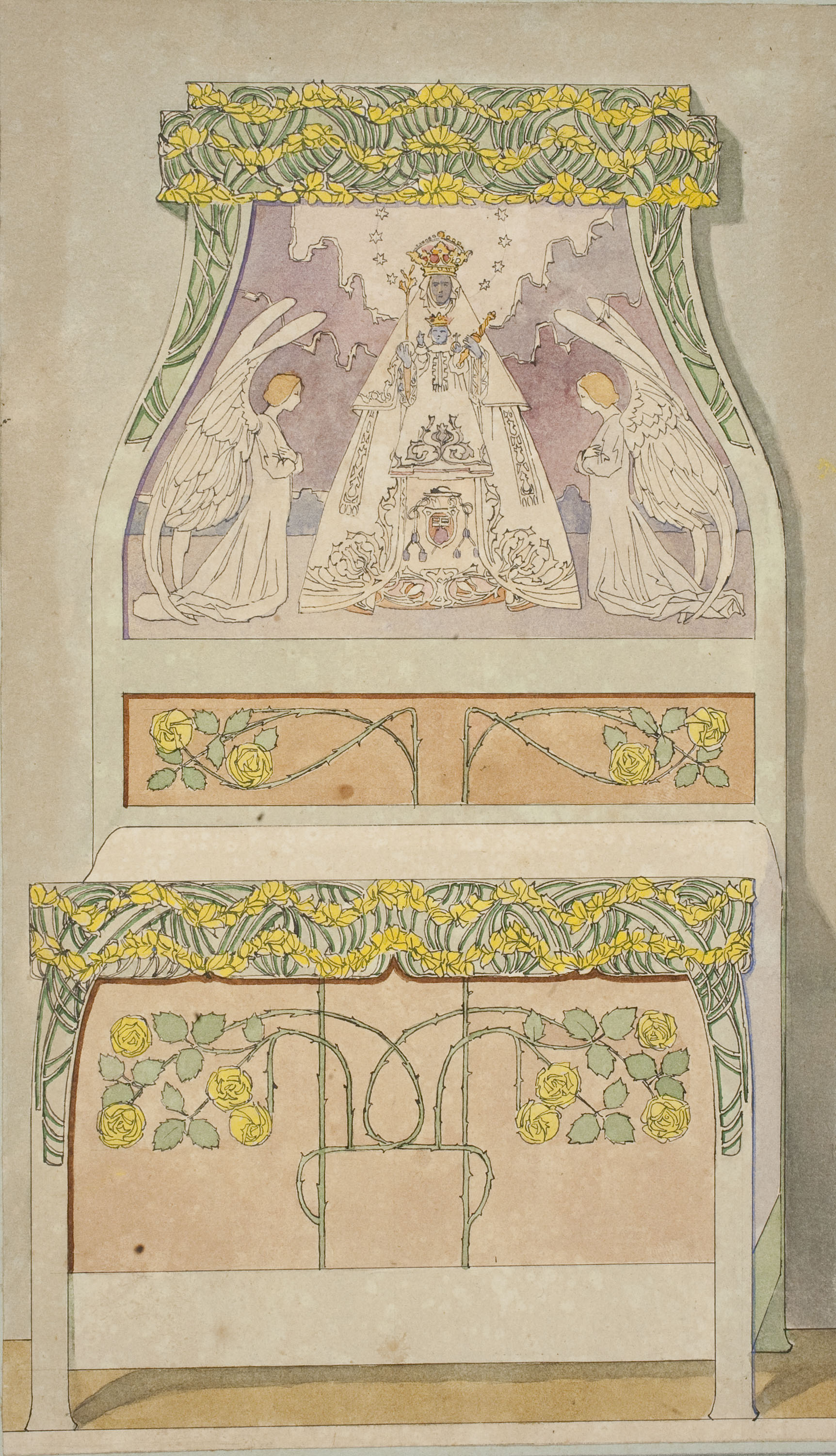 image for: Gaspar Homar - Llit amb capçal amb la Mare de Déu de Montserrat i dos àngels - Cap a 1901-1905