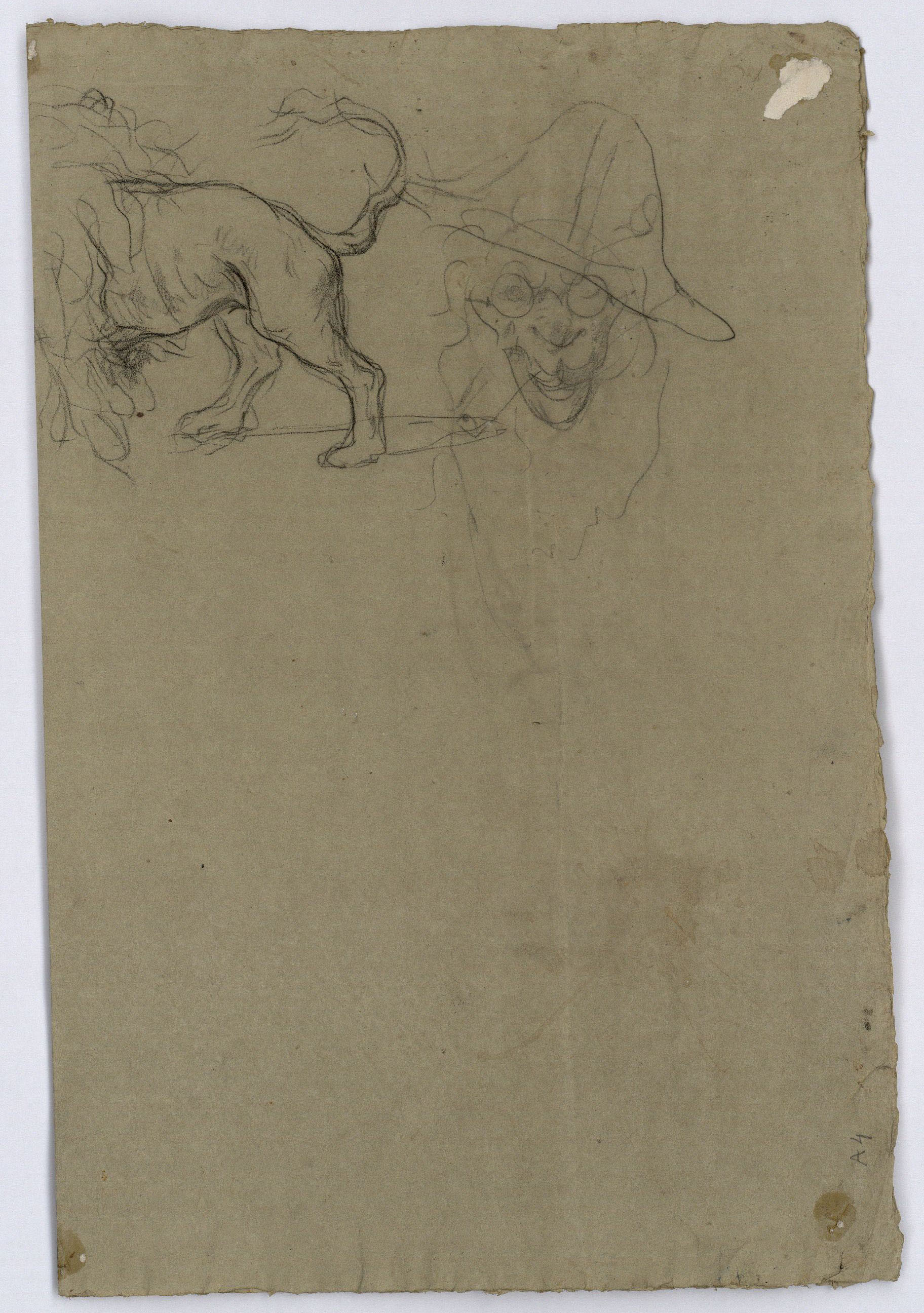 image for: Marià Fortuny - Estudi de nu masculí (anvers) / Fragment d'un lleó i imatges sobreposades (revers) - Cap a 1860 [1]