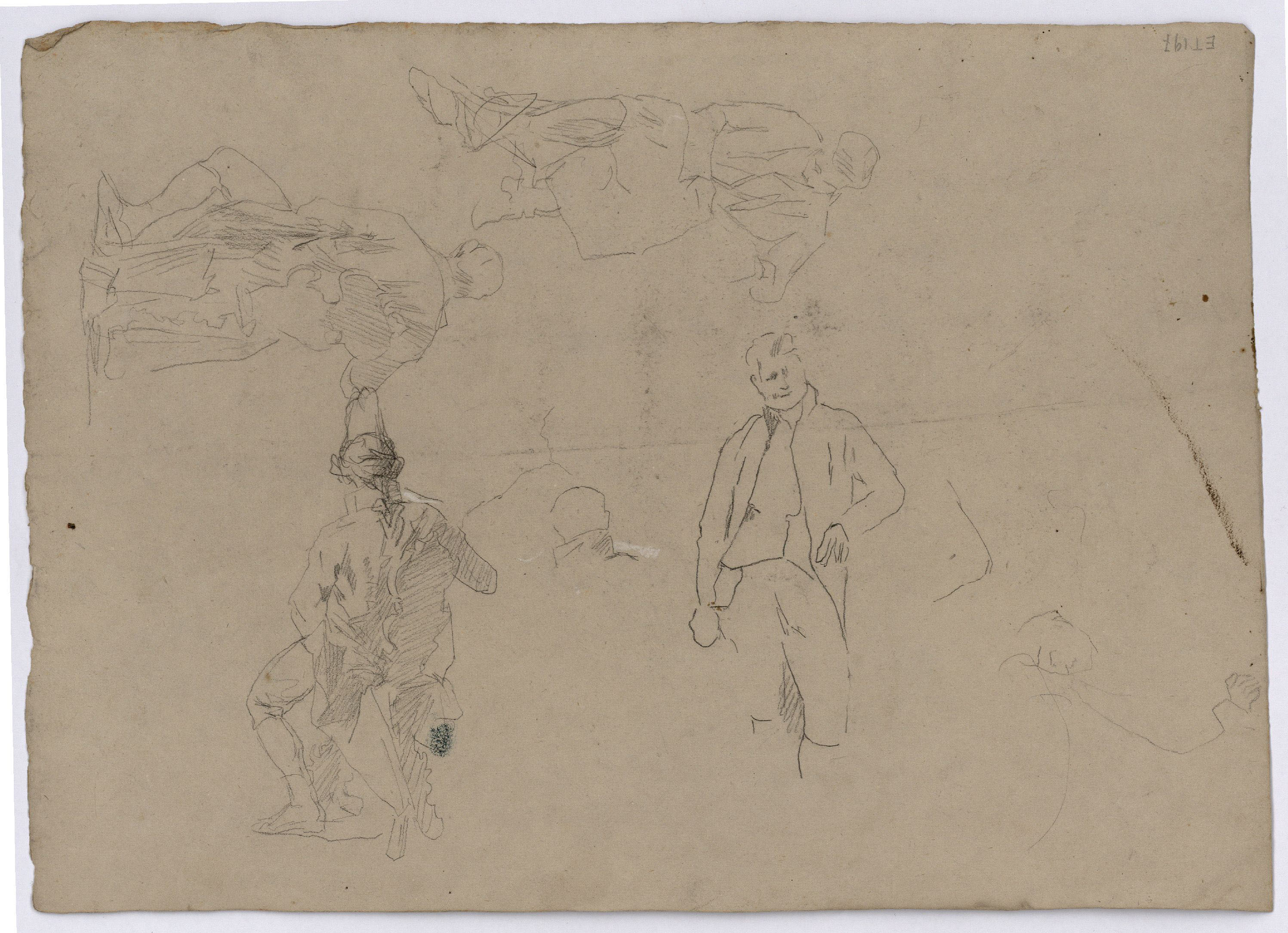 image for: Marià Fortuny - Estudi de nus masculins i figura amb indumentària del segle XVIII (anvers) / Figures masculines amb indumentària del segle XVIII (revers) - Cap a 1860-1861 [1]