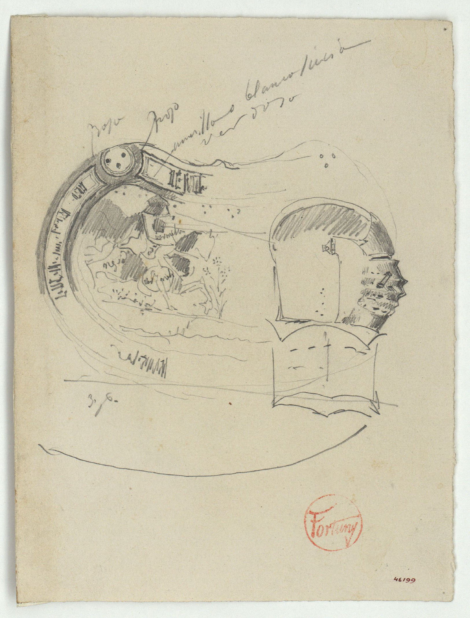 image for: Marià Fortuny - Armadura i casc (anvers) / Cascs (revers) - Cap a 1867-1872