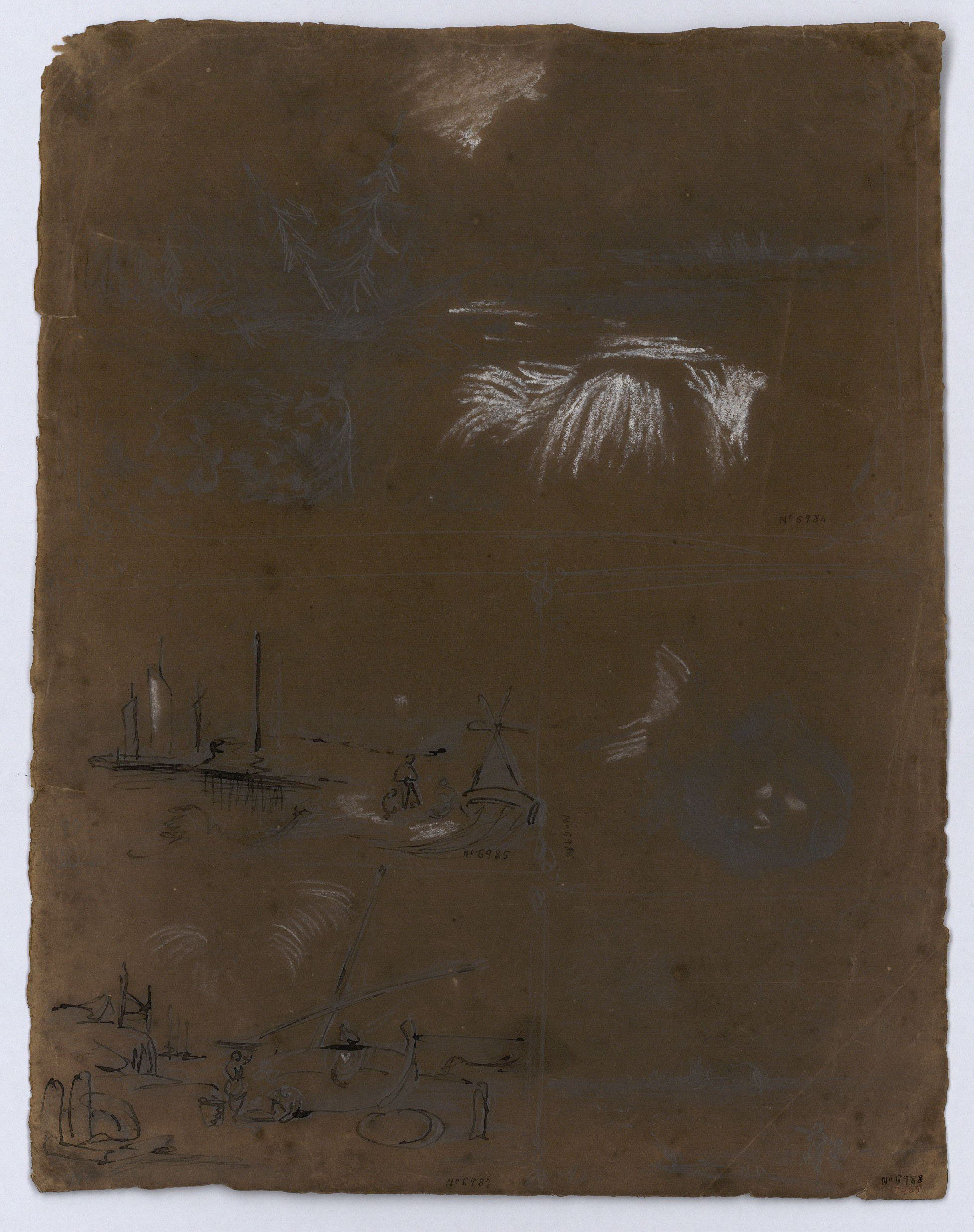 image for: Marià Fortuny - Esbós de marines i cap masculí (anvers) / Estudi de composició (revers) - Cap a 1856-1858