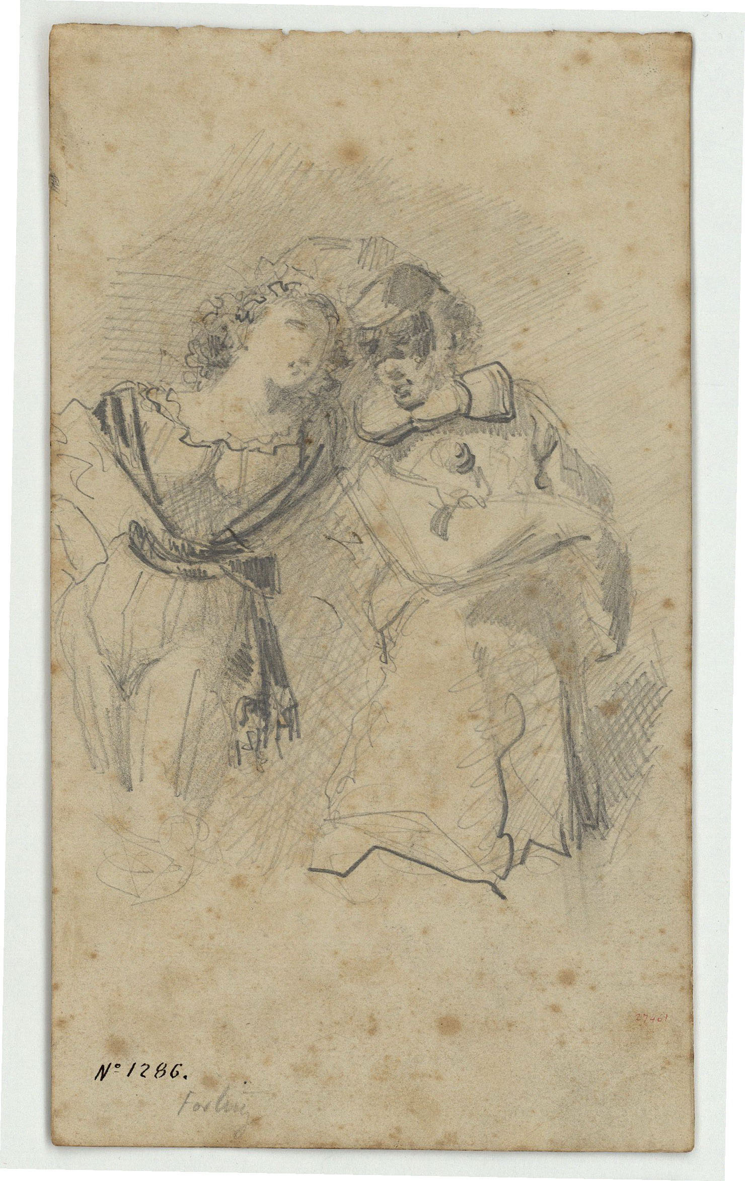 image for: Marià Fortuny - Parella de pierrots (anvers) / Monja al llit de mort (revers) - Cap a 1855-1857