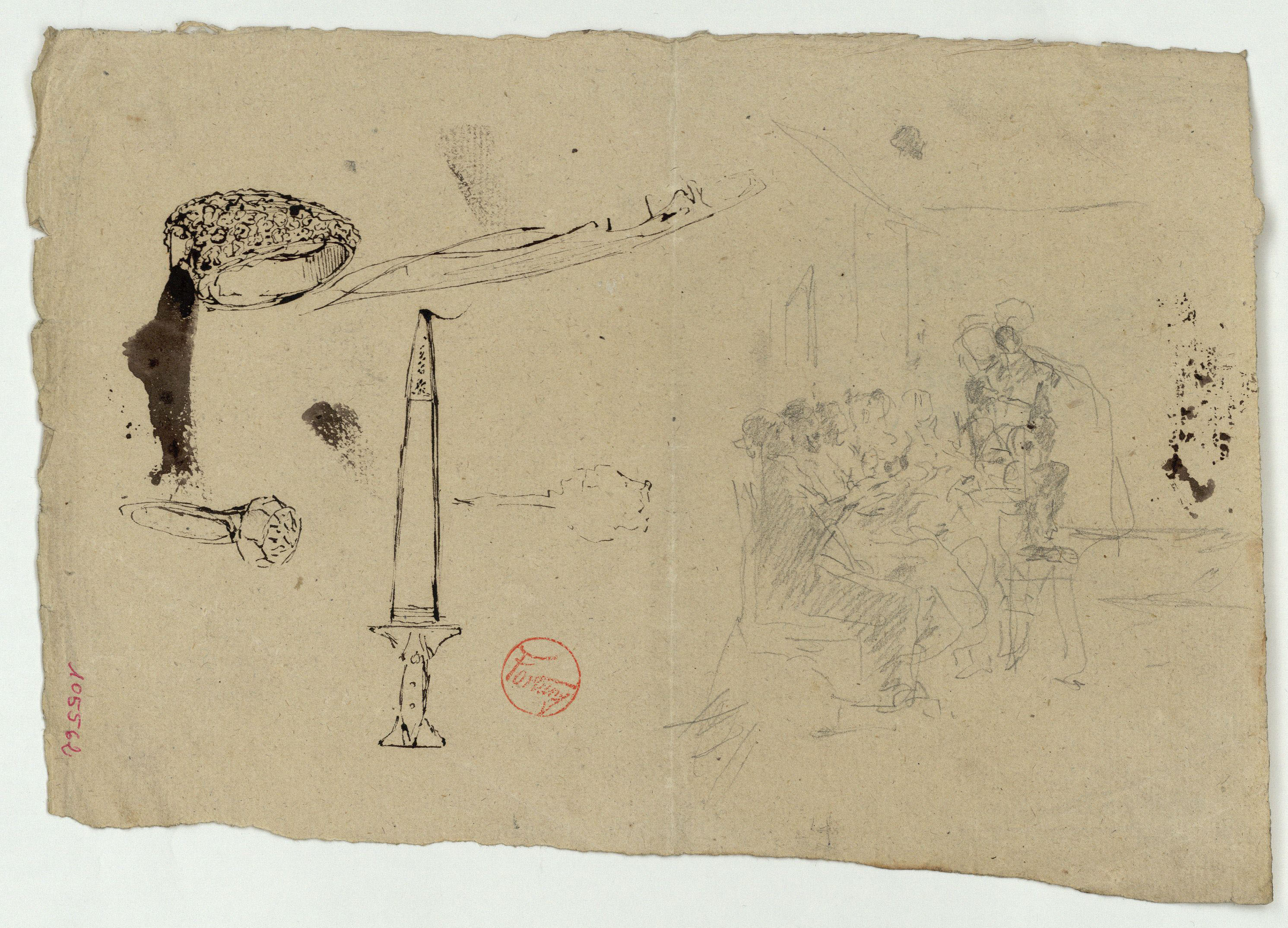 image for: Marià Fortuny - Anells, espasa i esbós de figures assegudes (anvers) / Croquis inconcret (revers) - Cap a 1867-1872
