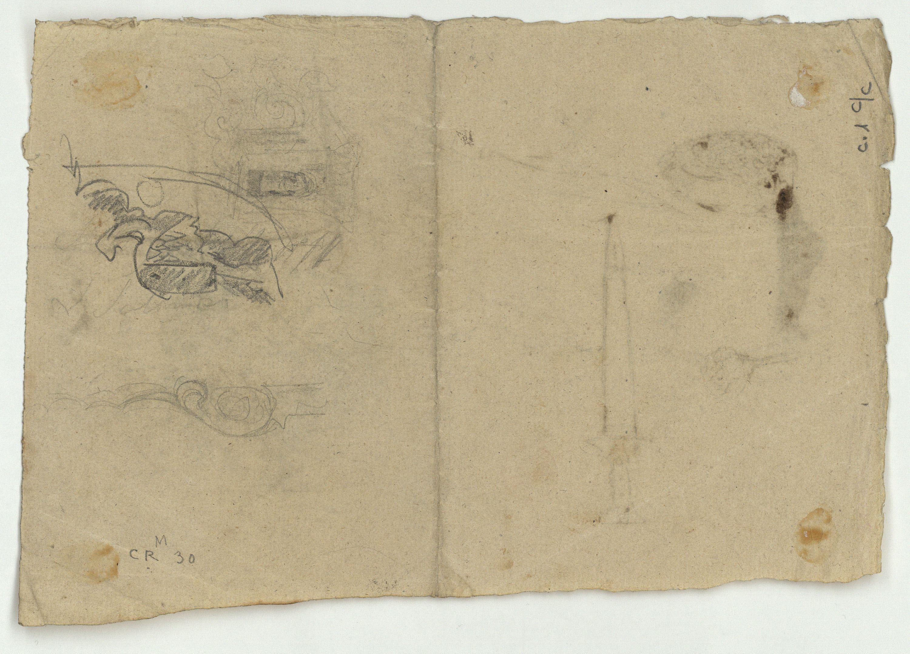 image for: Marià Fortuny - Anells, espasa i esbós de figures assegudes (anvers) / Croquis inconcret (revers) - Cap a 1867-1872 [1]