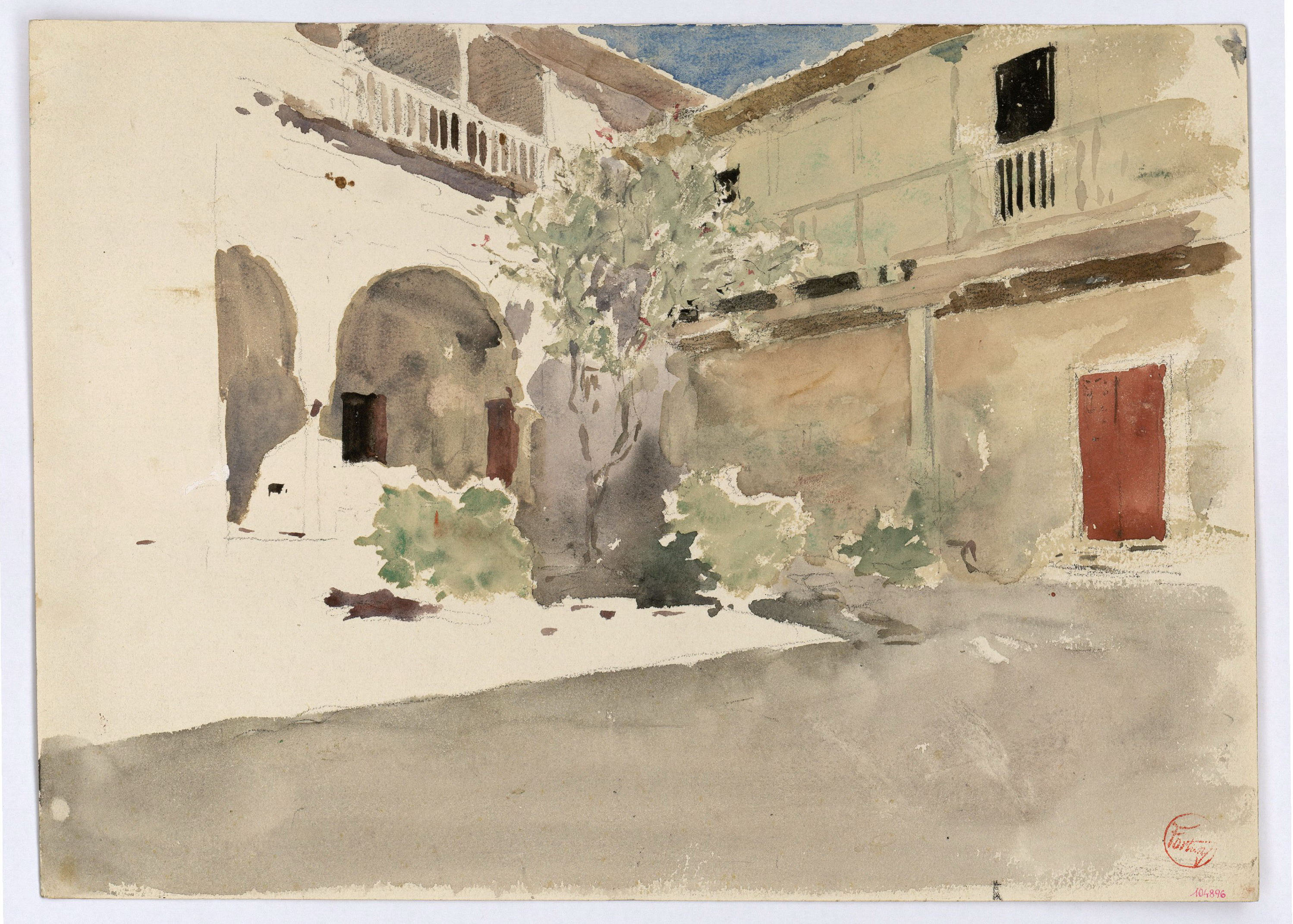 image for: Marià Fortuny - Pati de la casa de les monges a Granada (anvers) / Carrer amb figures (revers) - Cap a 1868-1872